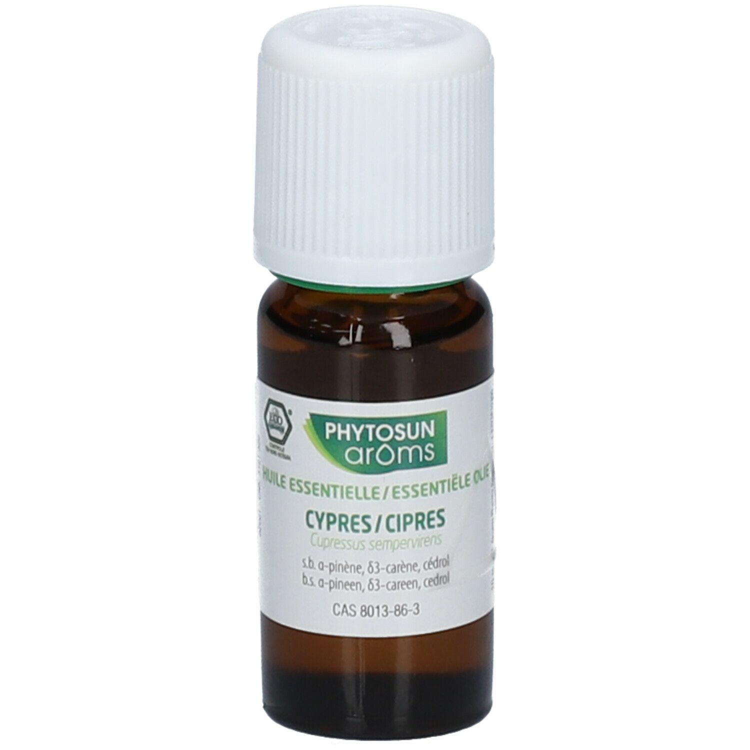 Bruine glazen fles met witte dop. Etiket met productinformatie. Phytosun arôms logo. Certificeringslogo.