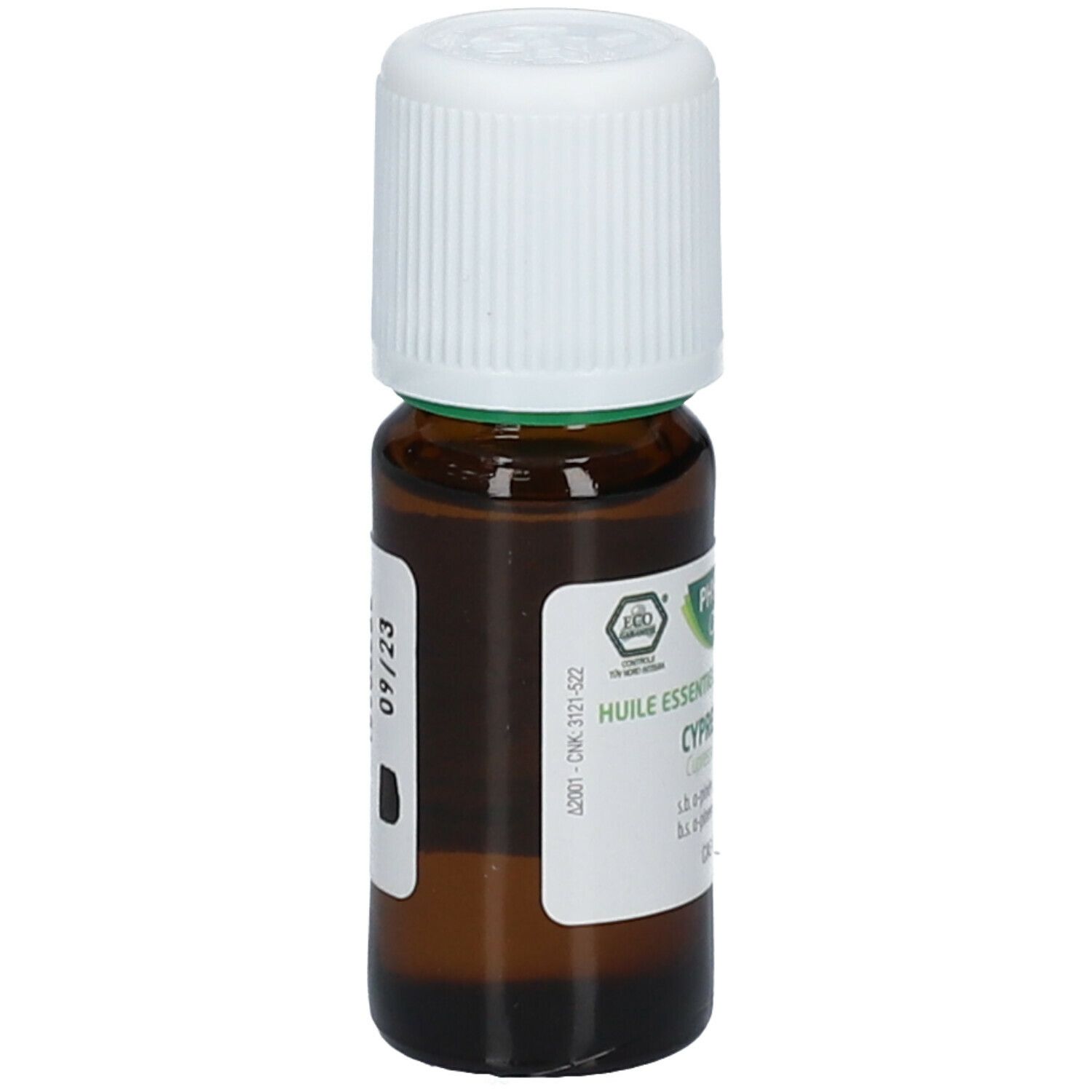 Bruine glazen fles met witte dop. Etiket met productinformatie. Phytosun arôms logo. Certificeringslogo.