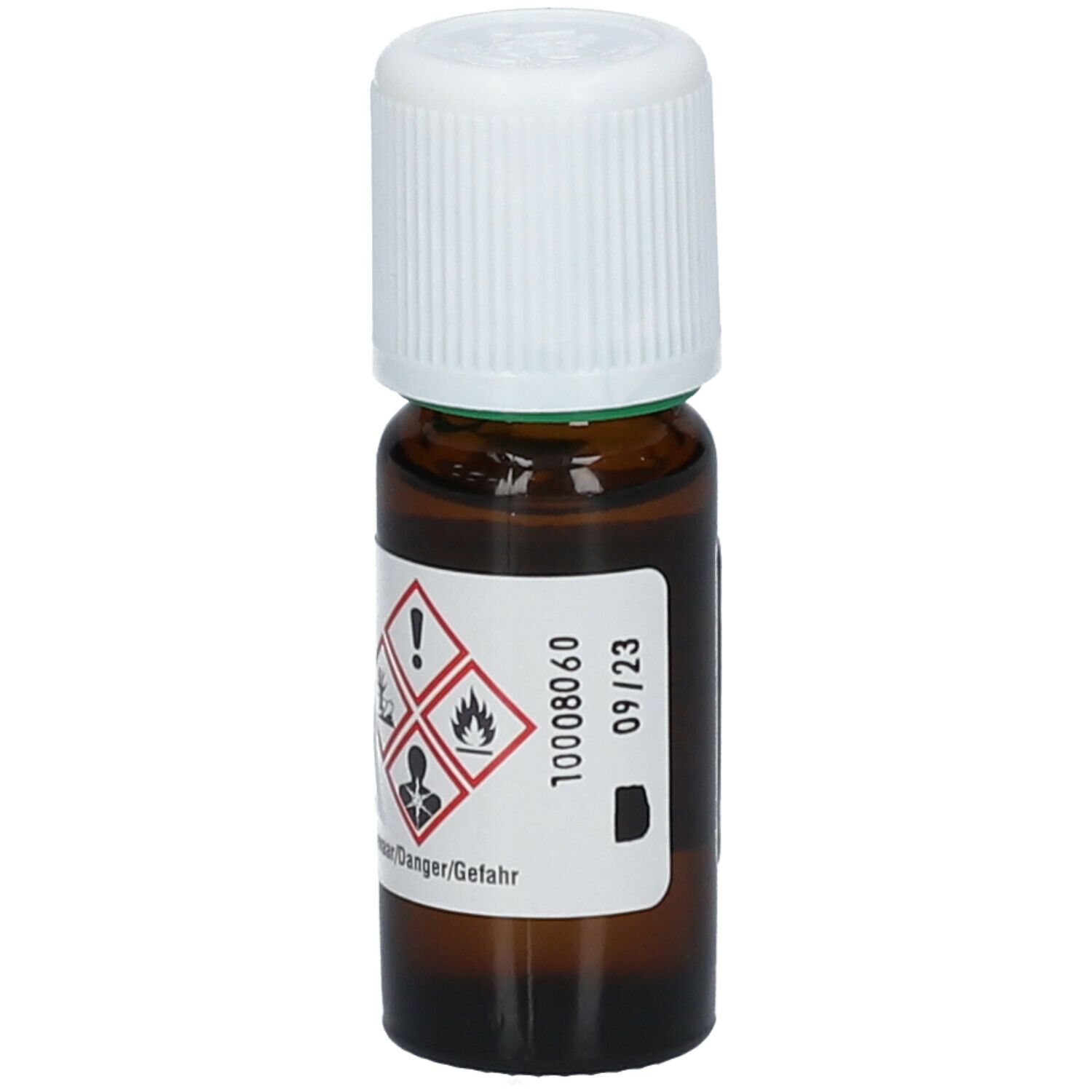 Bruine glazen fles met witte dop. Etiket met waarschuwingssymbolen en informatie. Datum 09/23.