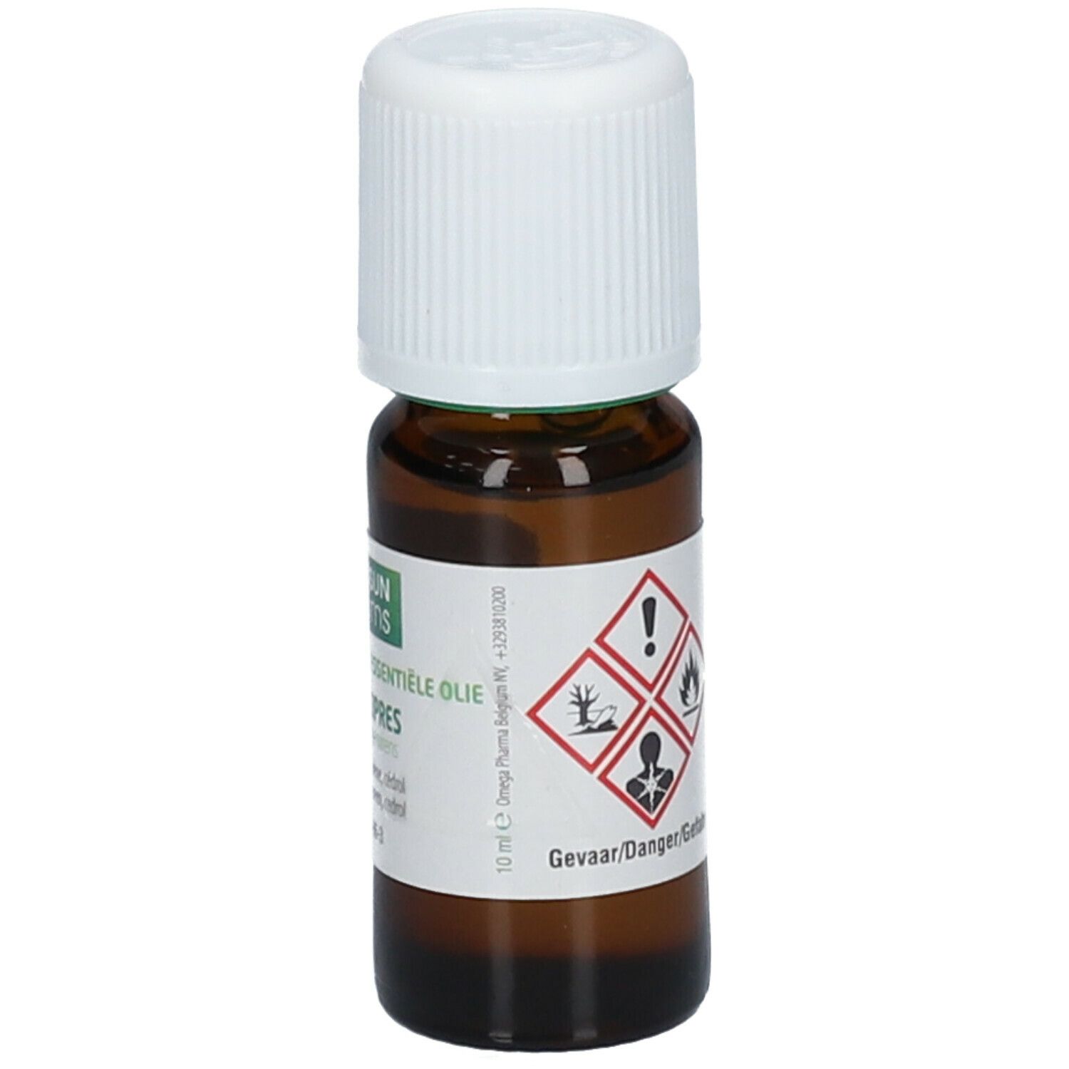 Bruine glazen fles met witte dop. Etiket met waarschuwingssymbolen en informatie. Datum 09/23.