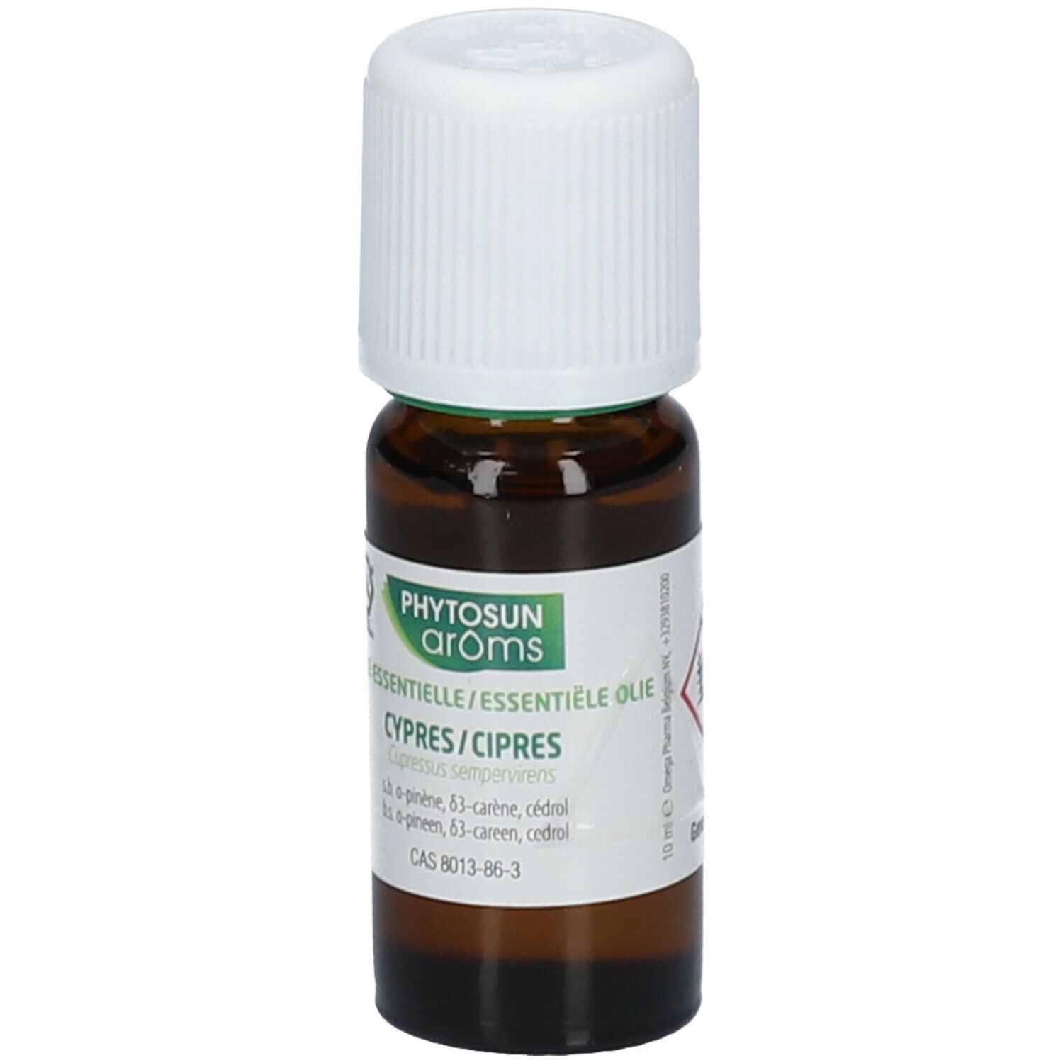 Bruine glazen fles met witte dop. Etiket met productinformatie. Phytosun arôms logo. Certificeringslogo.