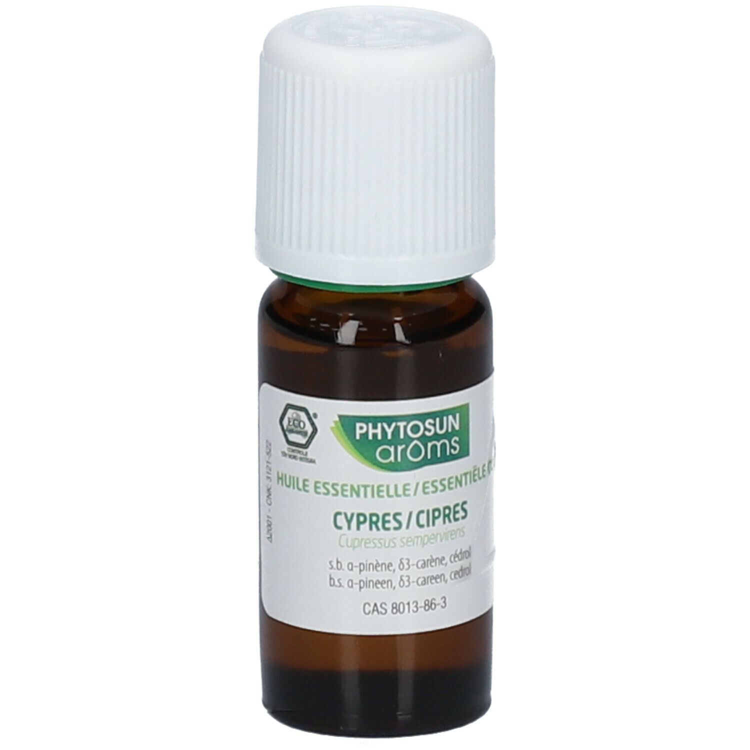 Bruine glazen fles met witte dop. Etiket met productinformatie. Phytosun arôms logo. Certificeringslogo.