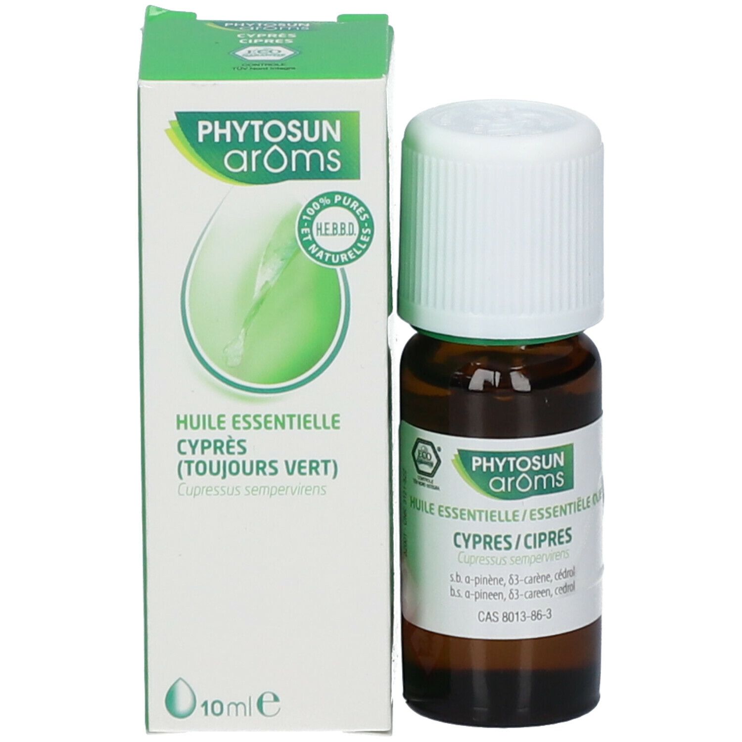 Bruine glazen fles met witte dop en groene verpakking. Productinformatie. Phytosun arôms logo. Certificeringslogo.