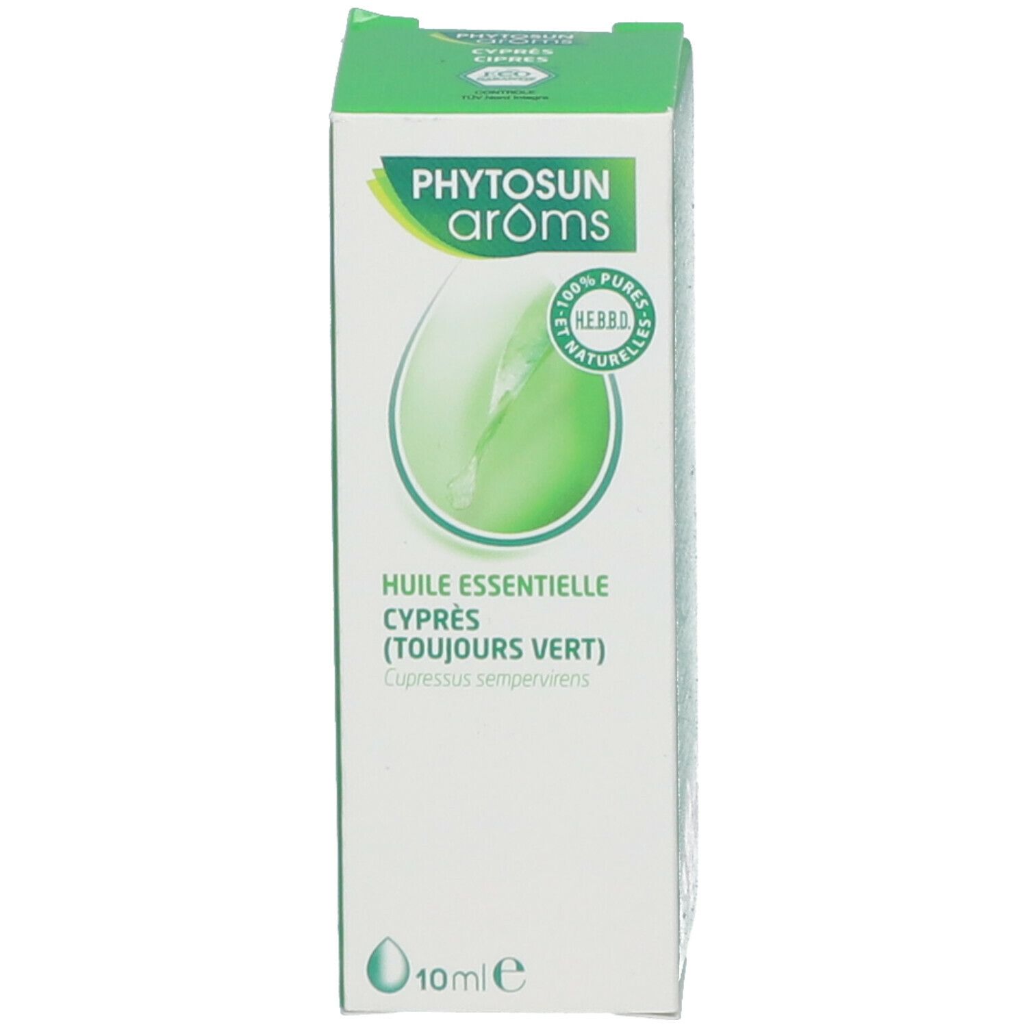Groene verpakking met productinformatie. Phytosun arôms logo. Certificeringslogo. 10ml.