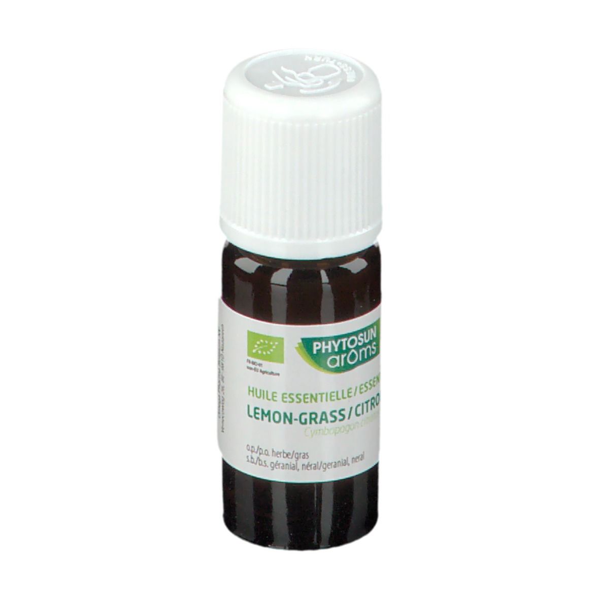 Flacon en verre brun avec bouchon blanc. Étiquette avec texte et label bio. Nom du produit: Citronnelle.