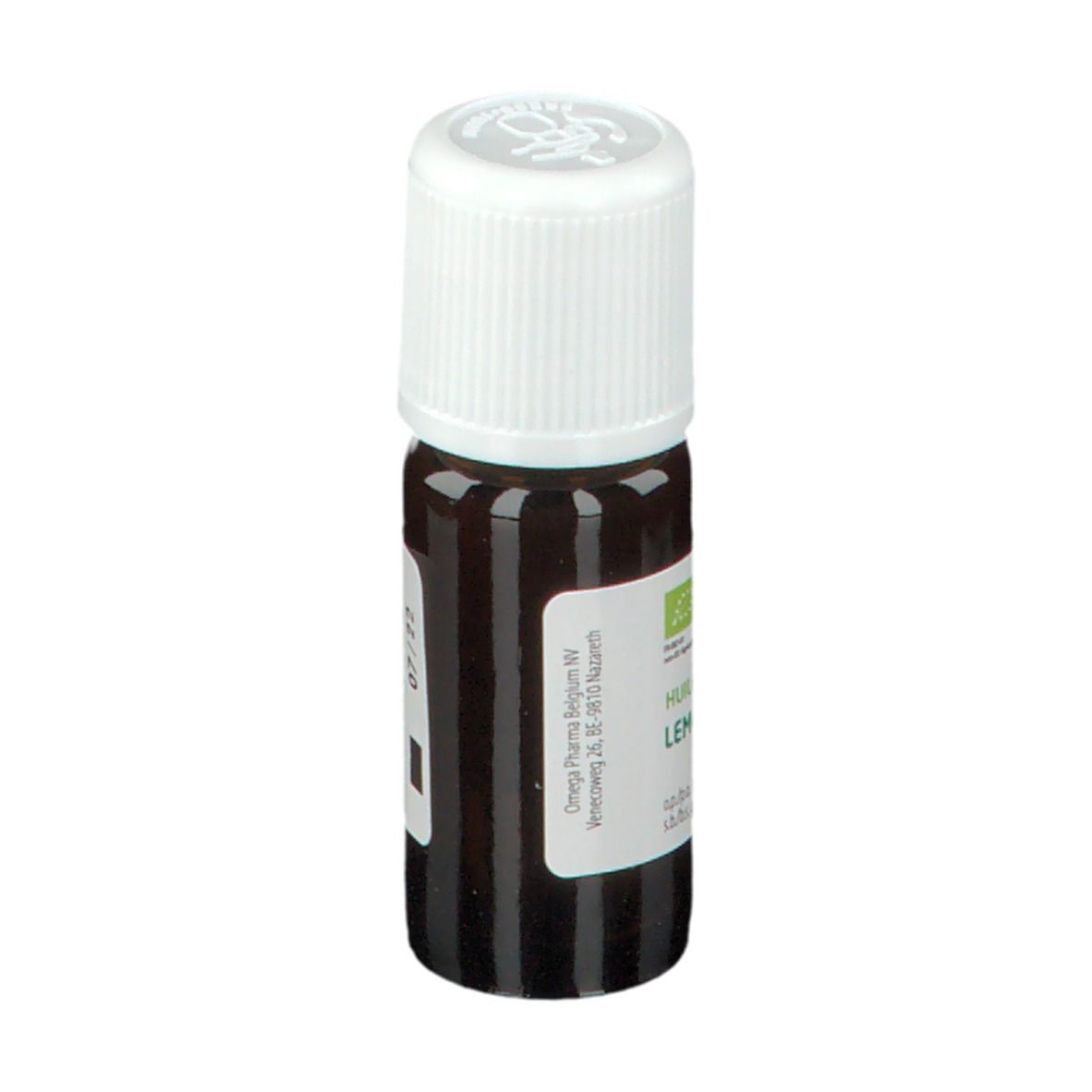 Flacon en verre brun avec bouchon blanc. Étiquette avec texte et label bio. Nom du produit: Citronnelle.