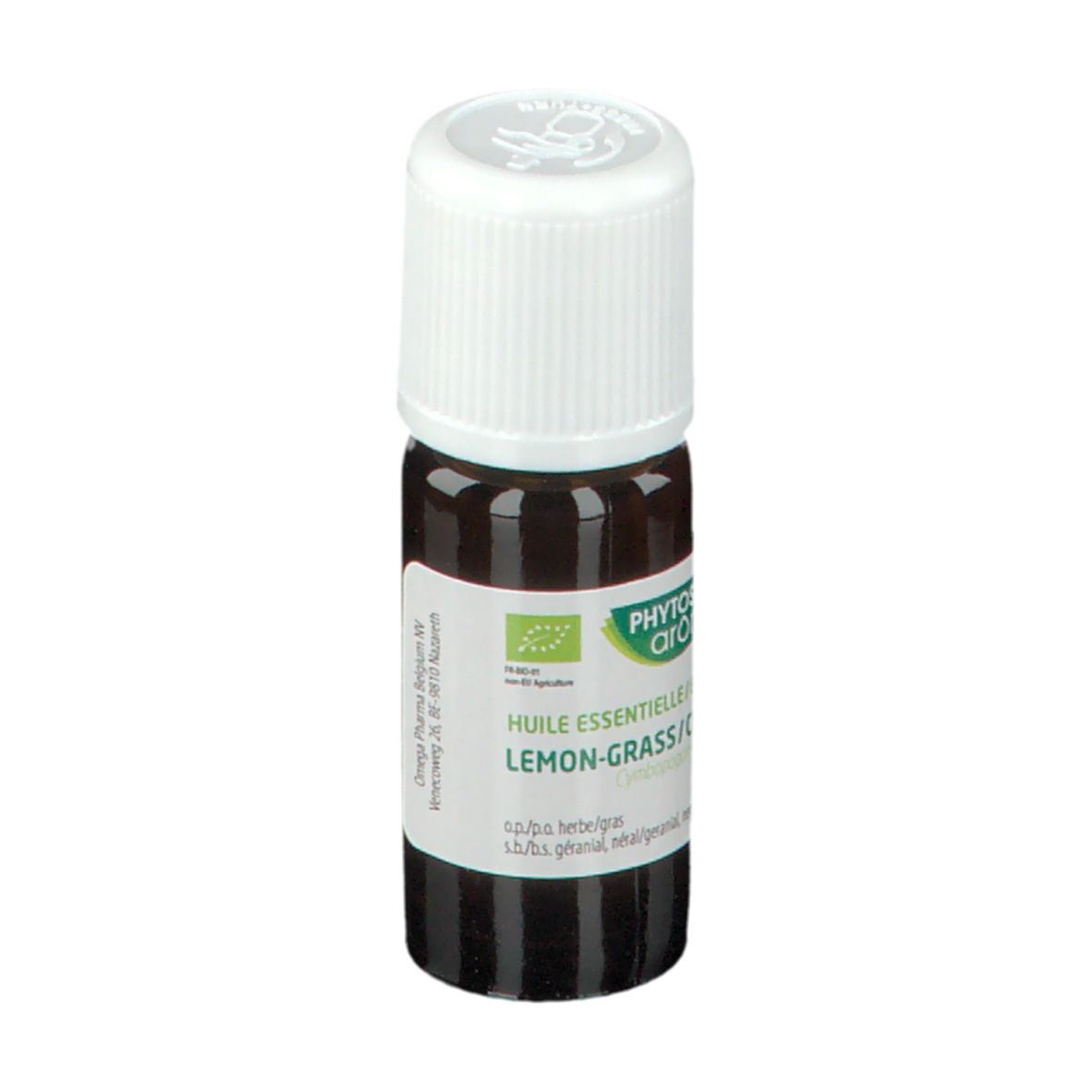 Flacon en verre brun avec bouchon blanc. Étiquette avec texte et label bio. Nom du produit: Citronnelle.