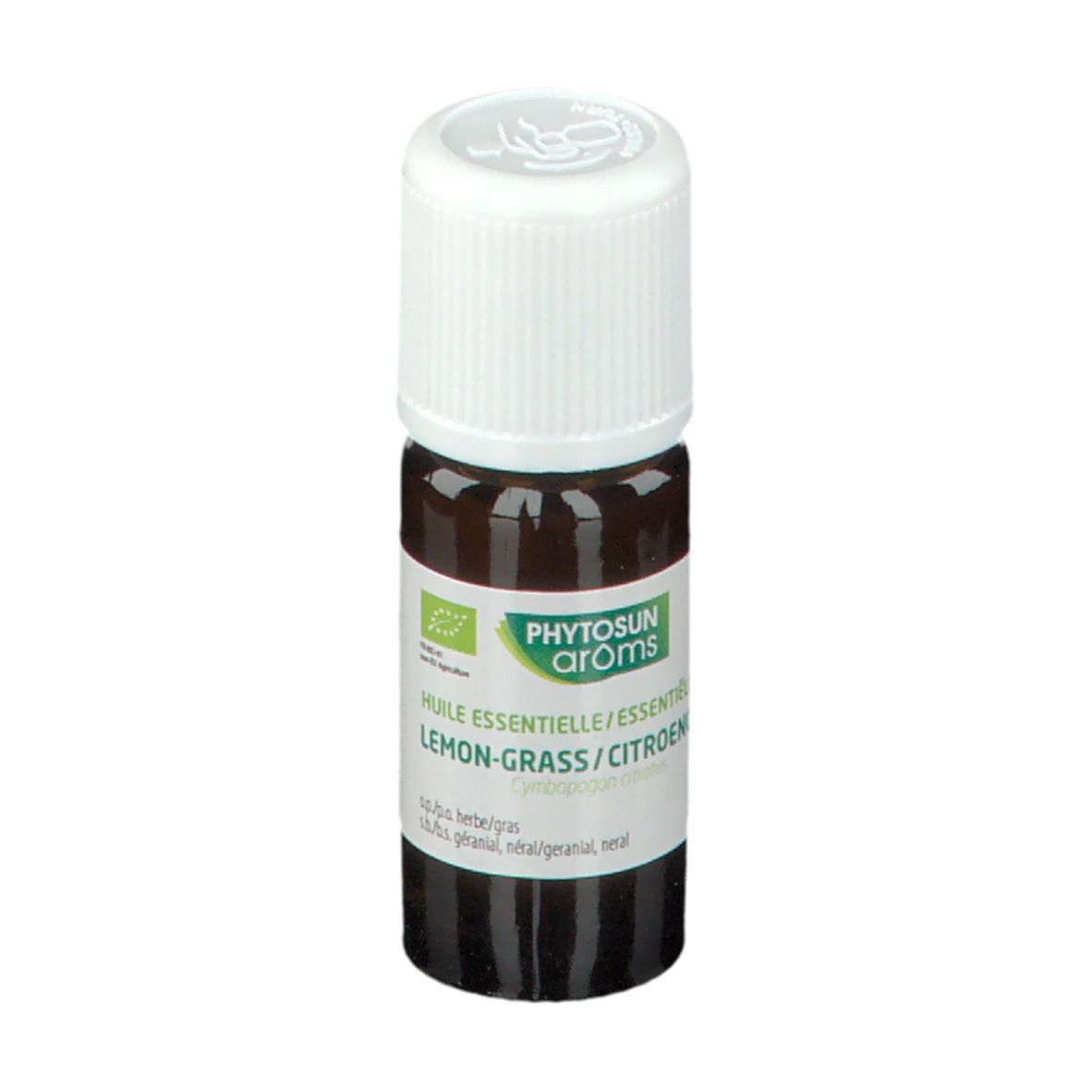 Flacon en verre brun avec bouchon blanc. Étiquette avec texte et label bio. Nom du produit: Citronnelle.
