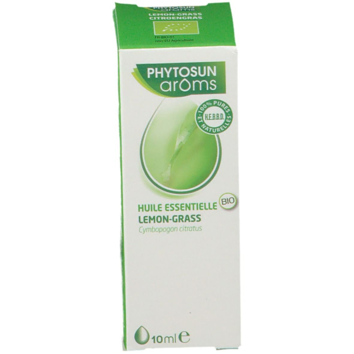 Boîte avec nom du produit, logo et label bio. Flacon avec bouchon blanc. 10 ml. Produit: Citronnelle.