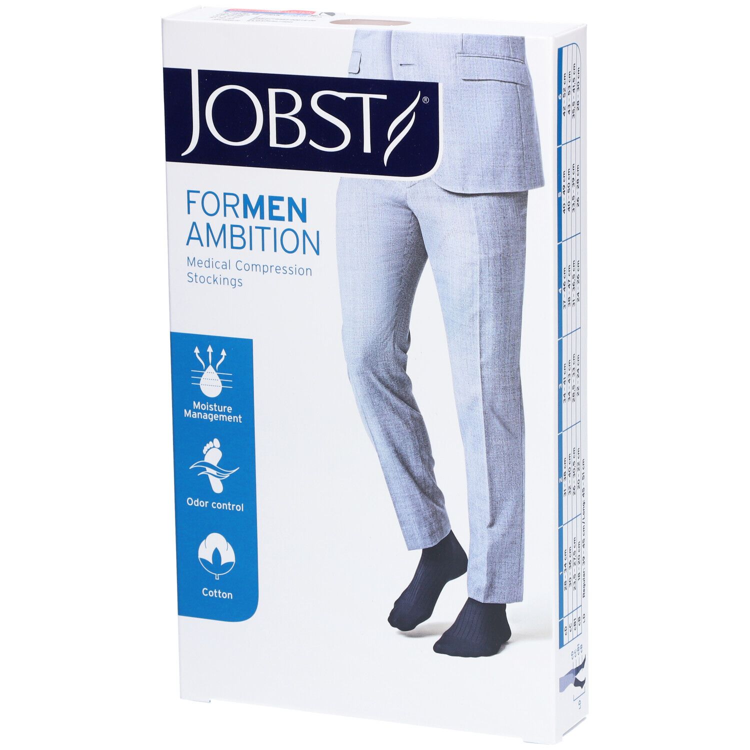 Verpackung mit JOBST ForMen Ambition Kompressions-Kniestrümpfen. Produktname und Eigenschaften sind auf der Verpackung abgebildet.