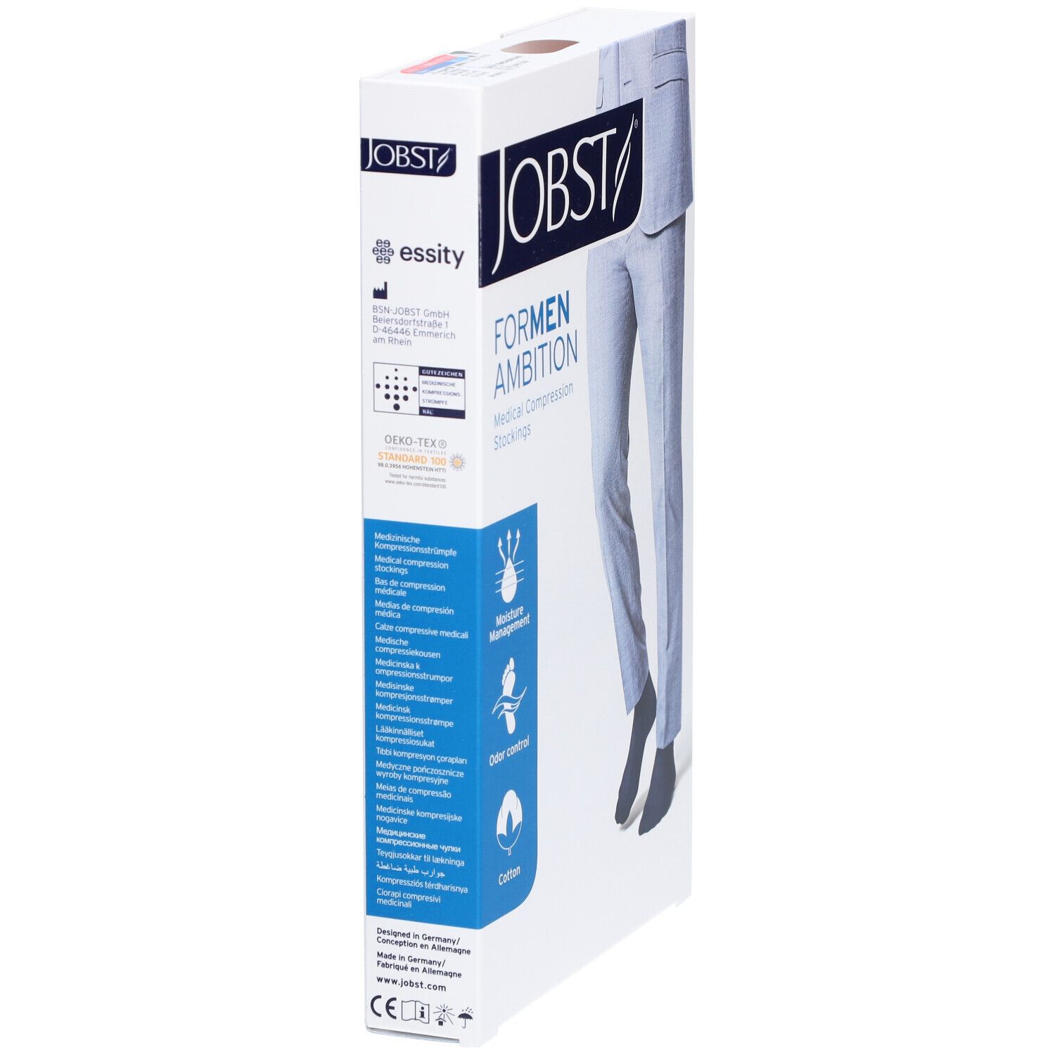 Verpackung von JOBST ForMen Ambition Kompressionsstrümpfen. Produktname, Eigenschaften und Zertifizierungen sind sichtbar.