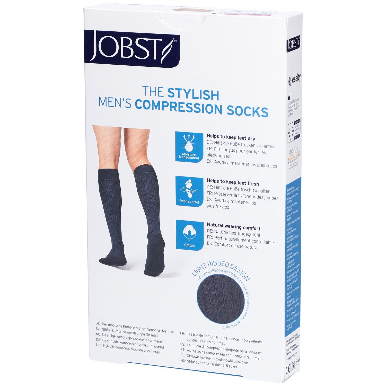 Rückseite der Verpackung von JOBST ForMen Ambition Kompressionsstrümpfen. Produktmerkmale und Illustrationen sind abgebildet.