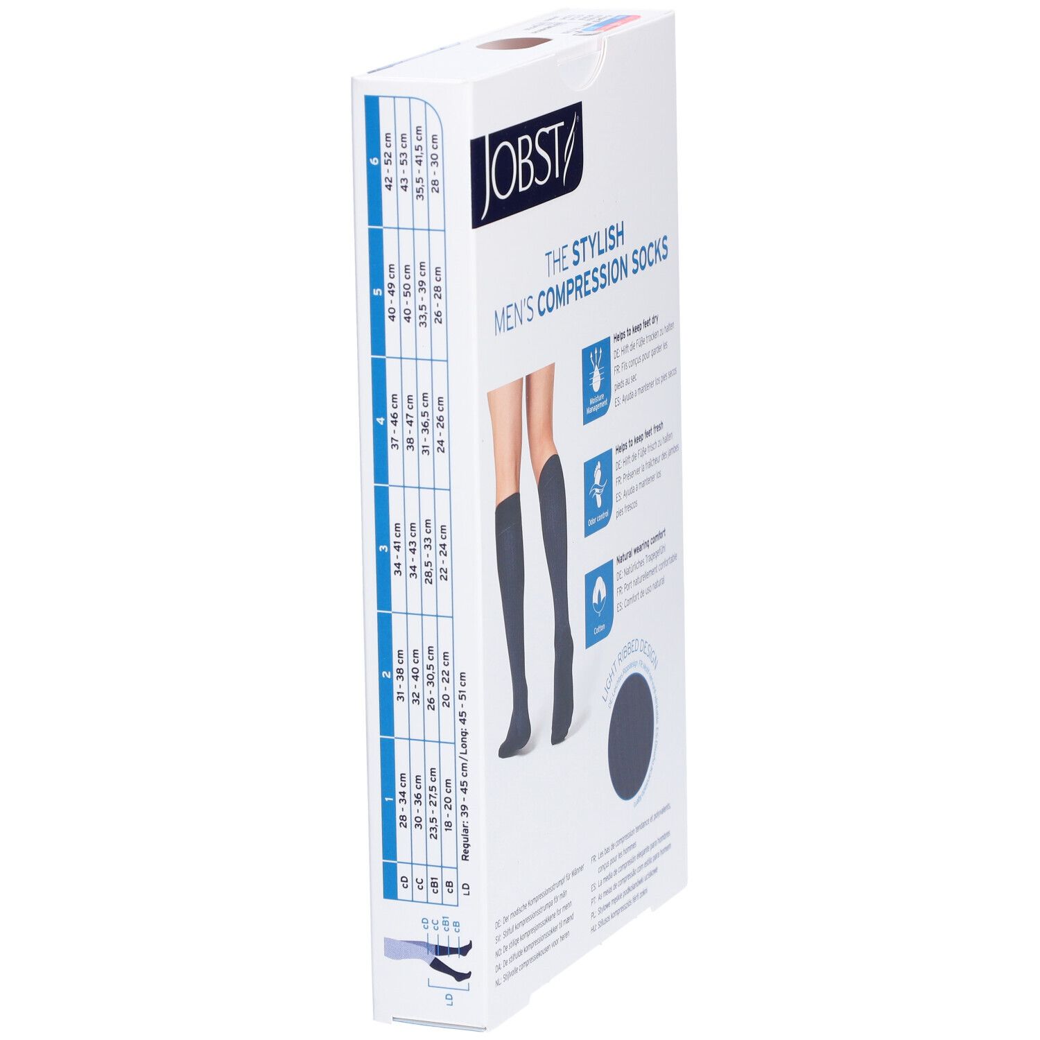 Verpackung von JOBST ForMen Ambition Kompressionsstrümpfen. Größenangaben und Illustrationen sind auf der Verpackung abgebildet.