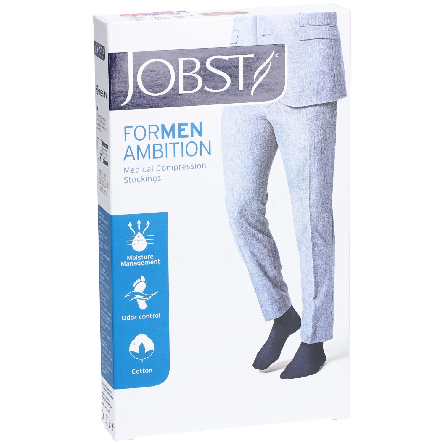 Verpackung von JOBST ForMen Ambition Kompressionsstrümpfen. Produktname und Eigenschaften sind auf der Verpackung abgebildet.