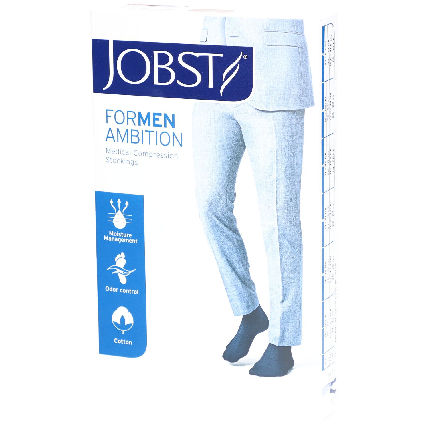 Verpackung mit JOBST For Men Ambition Kompressionsstrümpfen. Abbildung eines Mannes in Hose und Strümpfen. Merkmale: Feuchtigkeitsmanagement, Geruchskontrolle, Baumwolle.