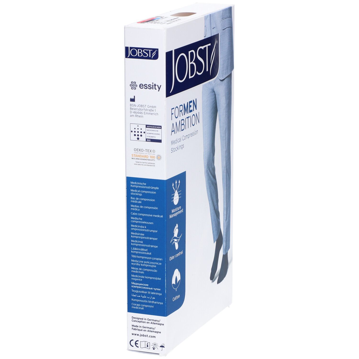 Verpackung JOBST For Men Ambition Kompressionsstrümpfe. Produktmerkmale und Zertifizierungen. Abbildung eines Mannes in Hose und Strümpfen.