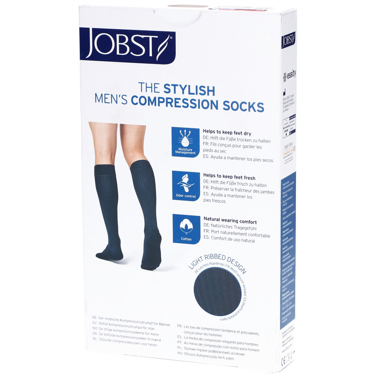 Rückseite der Verpackung mit JOBST Kompressionssocken. Abbildung von Kniestrümpfen. Merkmale: Feuchtigkeitsmanagement, Geruchskontrolle, Baumwolle.