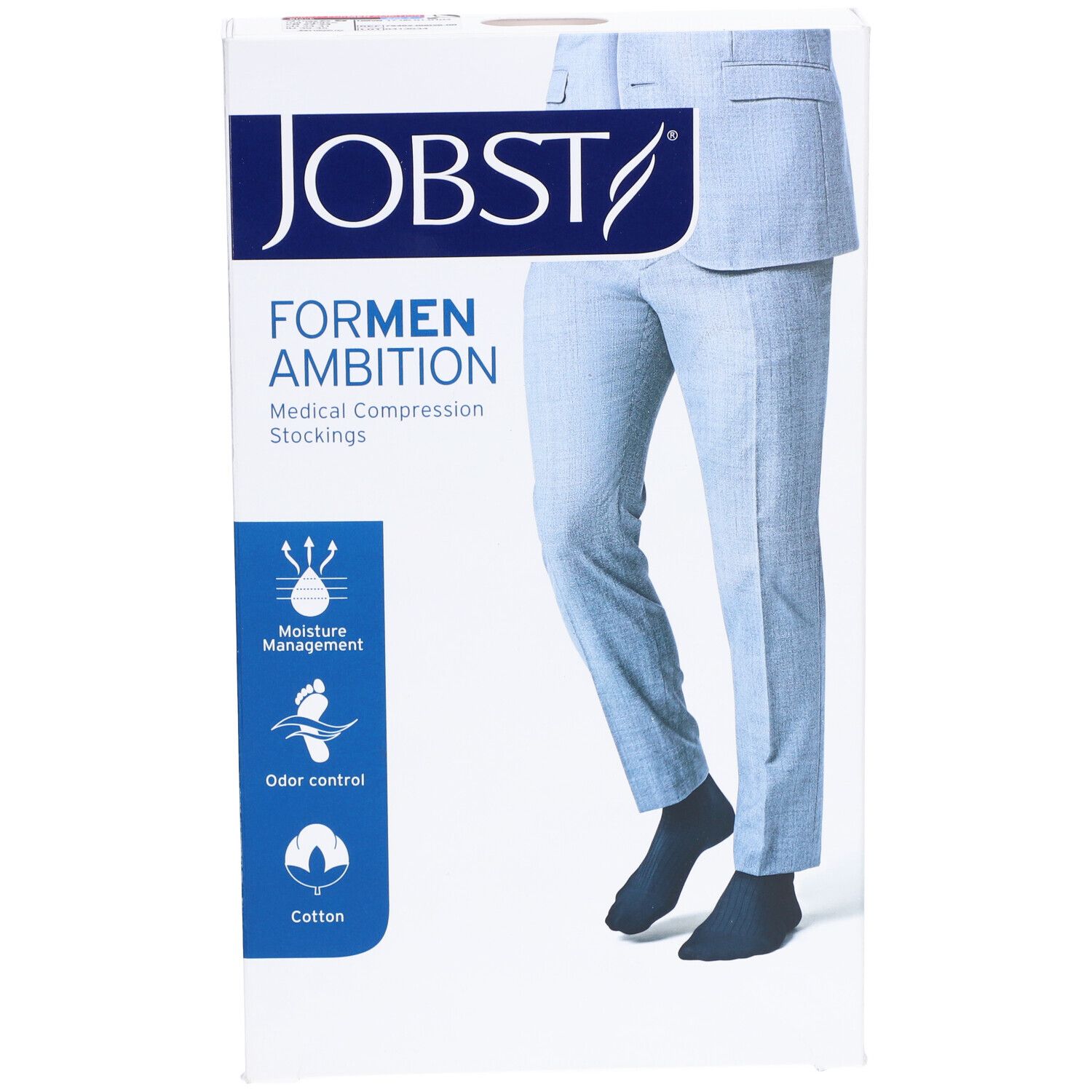 Verpackung mit JOBST For Men Ambition Kompressionsstrümpfen. Abbildung eines Mannes in Hose und Strümpfen. Merkmale: Feuchtigkeitsmanagement, Geruchskontrolle, Baumwolle.