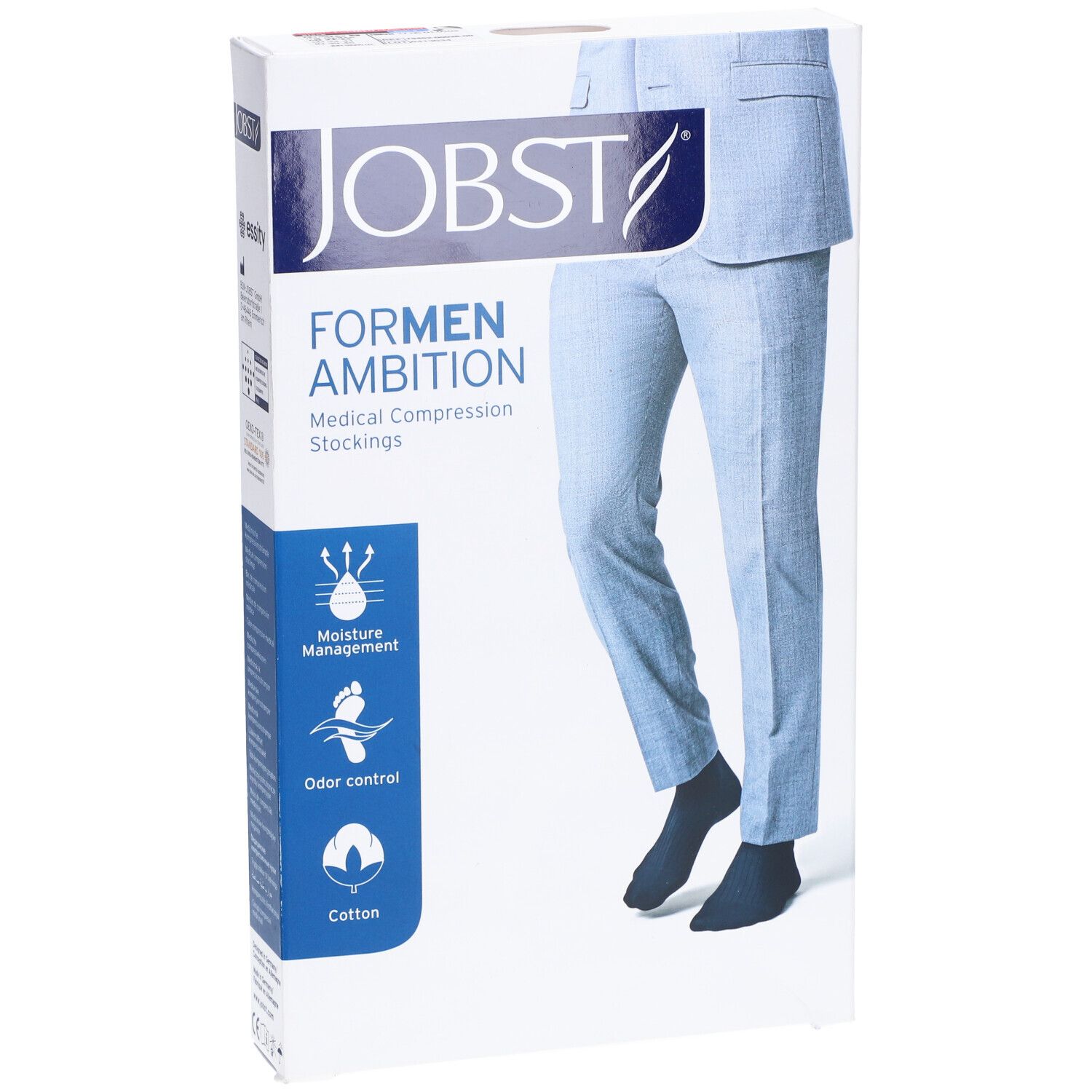 Verpackung mit JOBST For Men Ambition Kompressionsstrümpfen. Abbildung eines Mannes in Hose und Strümpfen. Merkmale: Feuchtigkeitsmanagement, Geruchskontrolle, Baumwolle.