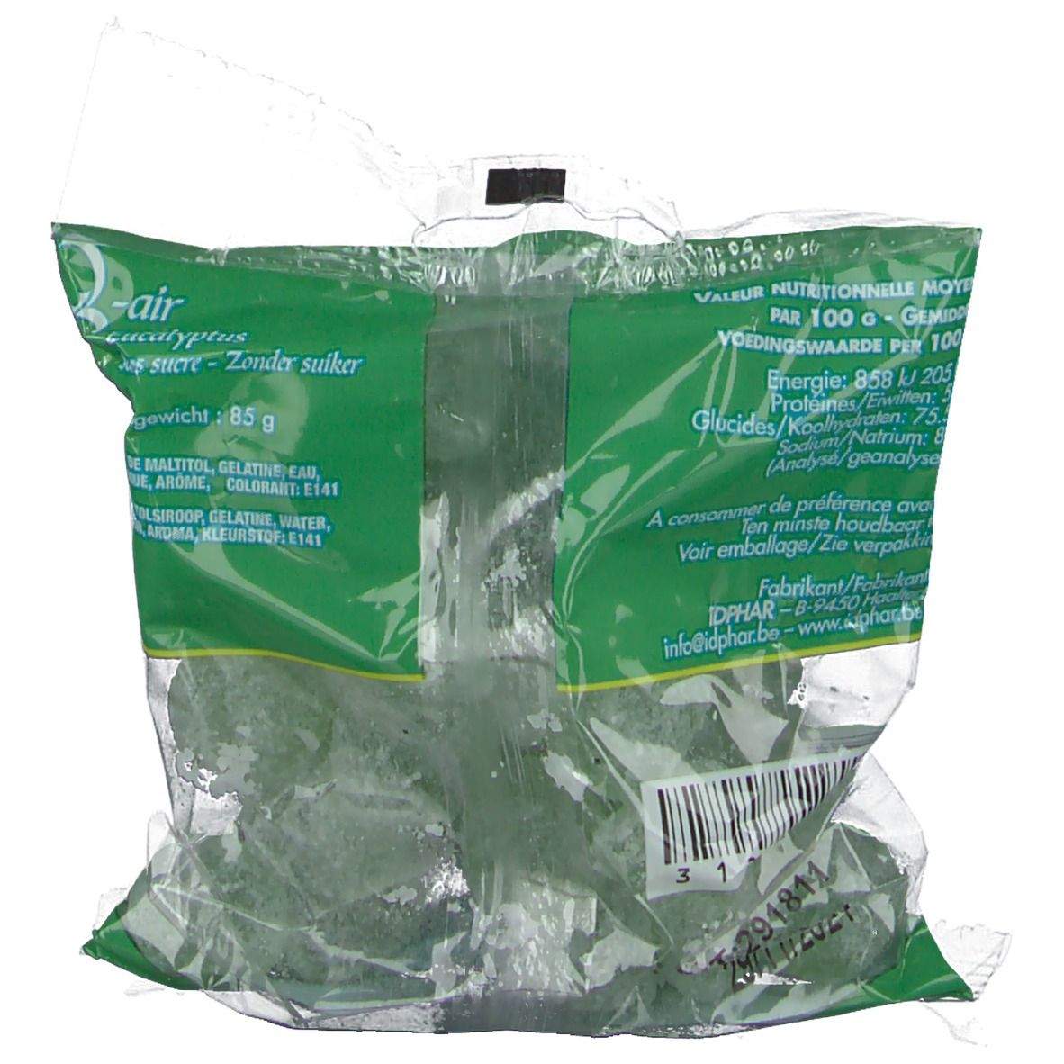 Dos du sachet transparent de bonbons verts. Inscription avec informations nutritionnelles et fabricant.