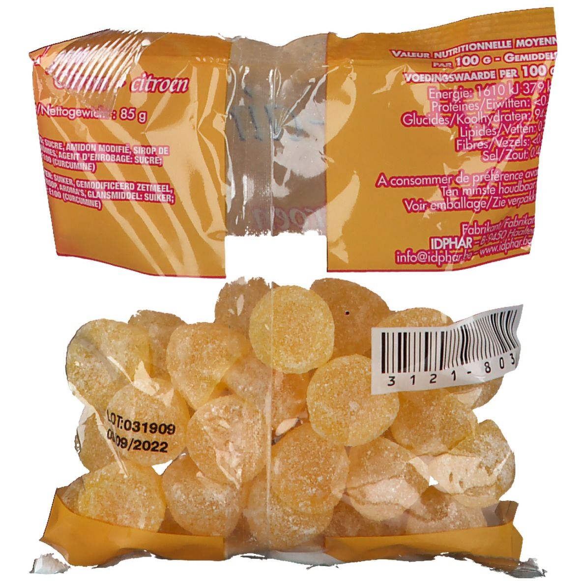 Emballage ouvert avec gommes jaunes. Inscription: citron. Code-barres et date de péremption.
