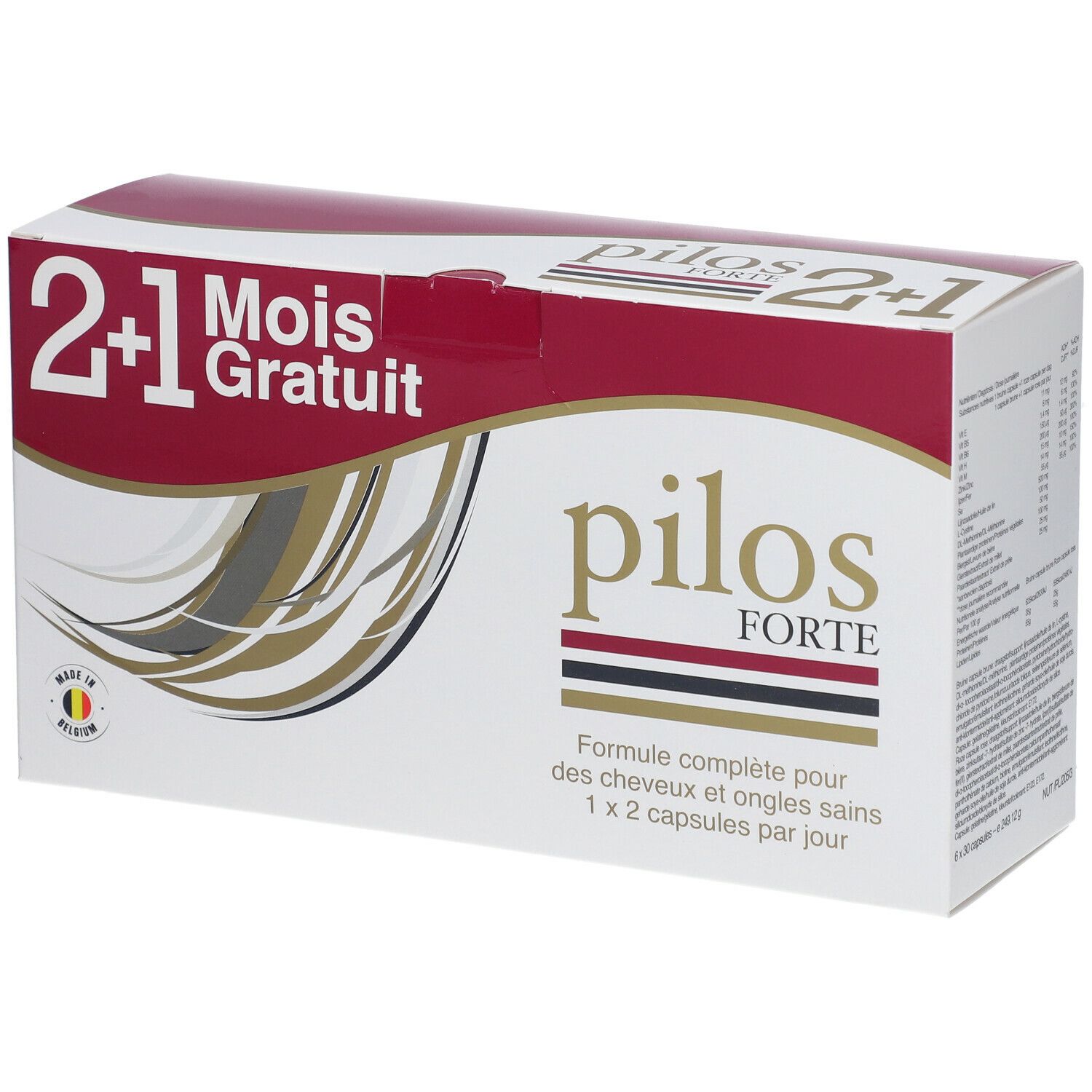Boîte Pilos Forte. Blanc, rouge et or. Inscription : 2+1 mois gratuits. Formule pour cheveux et ongles. 1x2 gélules par jour.