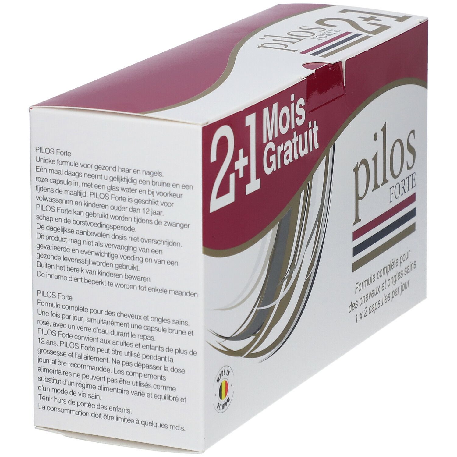 Boîte Pilos Forte. Vue en perspective. Inscription : 2+1 mois gratuits. Texte en français et néerlandais. Fabriqué en Belgique.