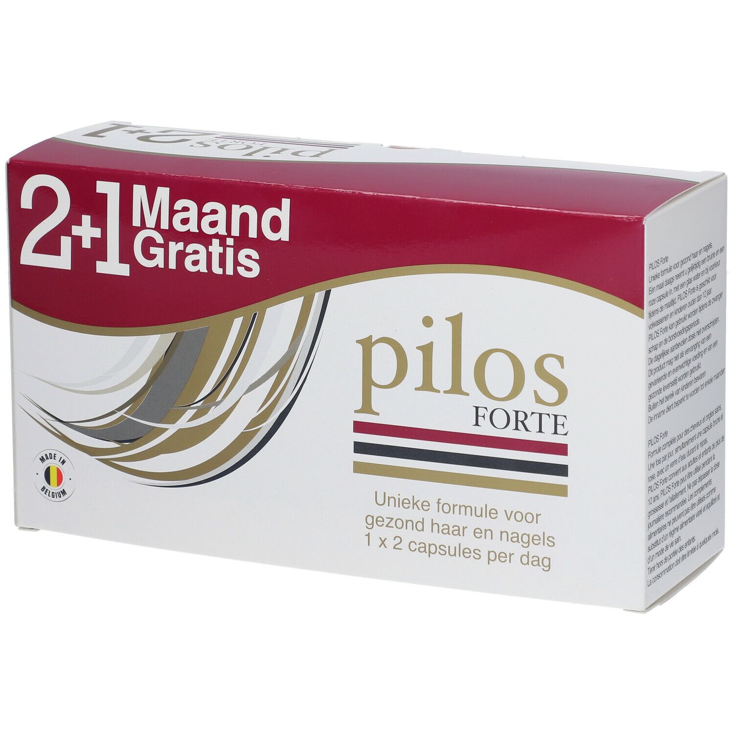 Boîte Pilos Forte. Blanc, rouge et or. Inscription : 2+1 mois gratuits. Formule pour cheveux et ongles. 1x2 gélules par jour.