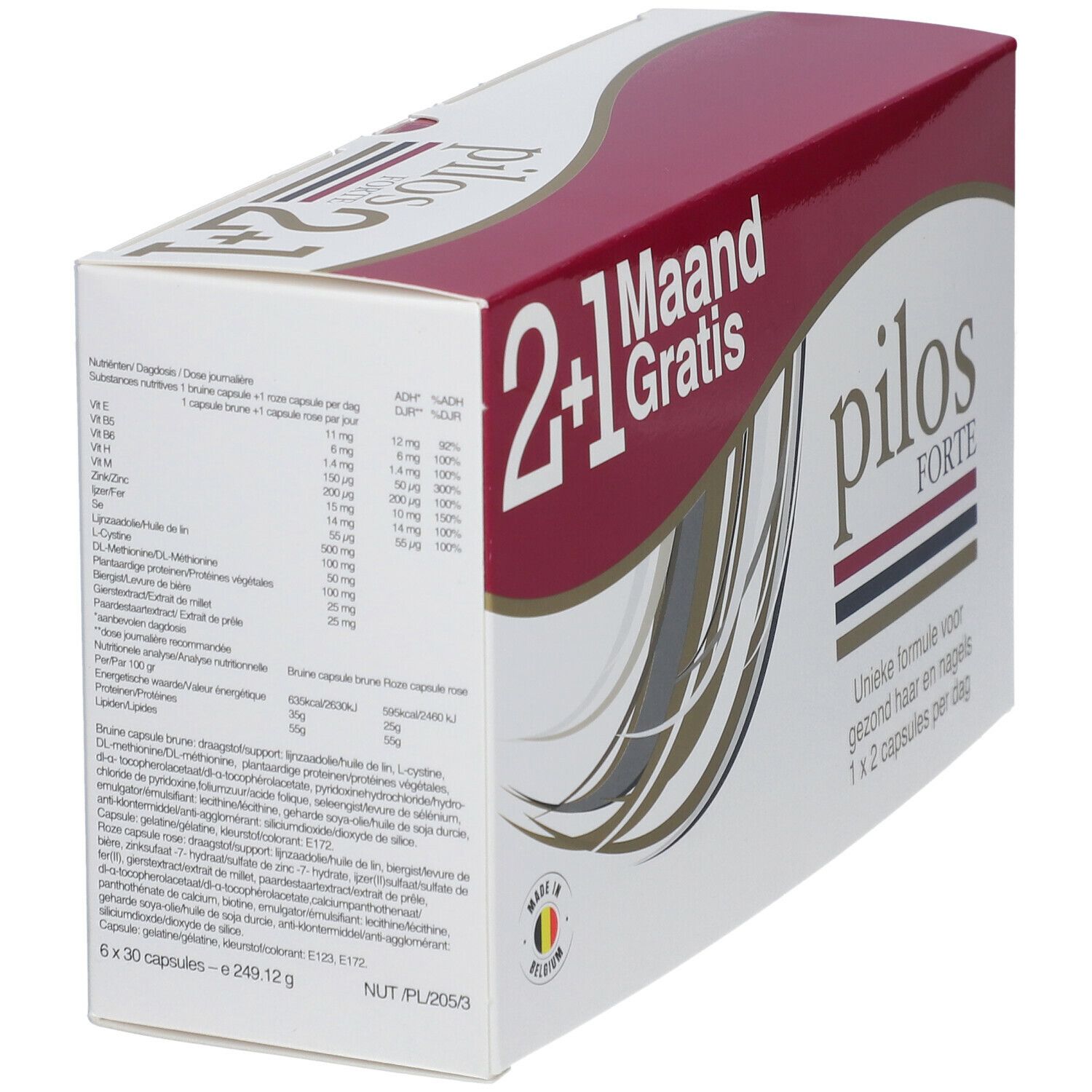 Boîte Pilos Forte. Inscription : 2+1 mois gratuits. Texte avec informations nutritionnelles. Fabriqué en Belgique.