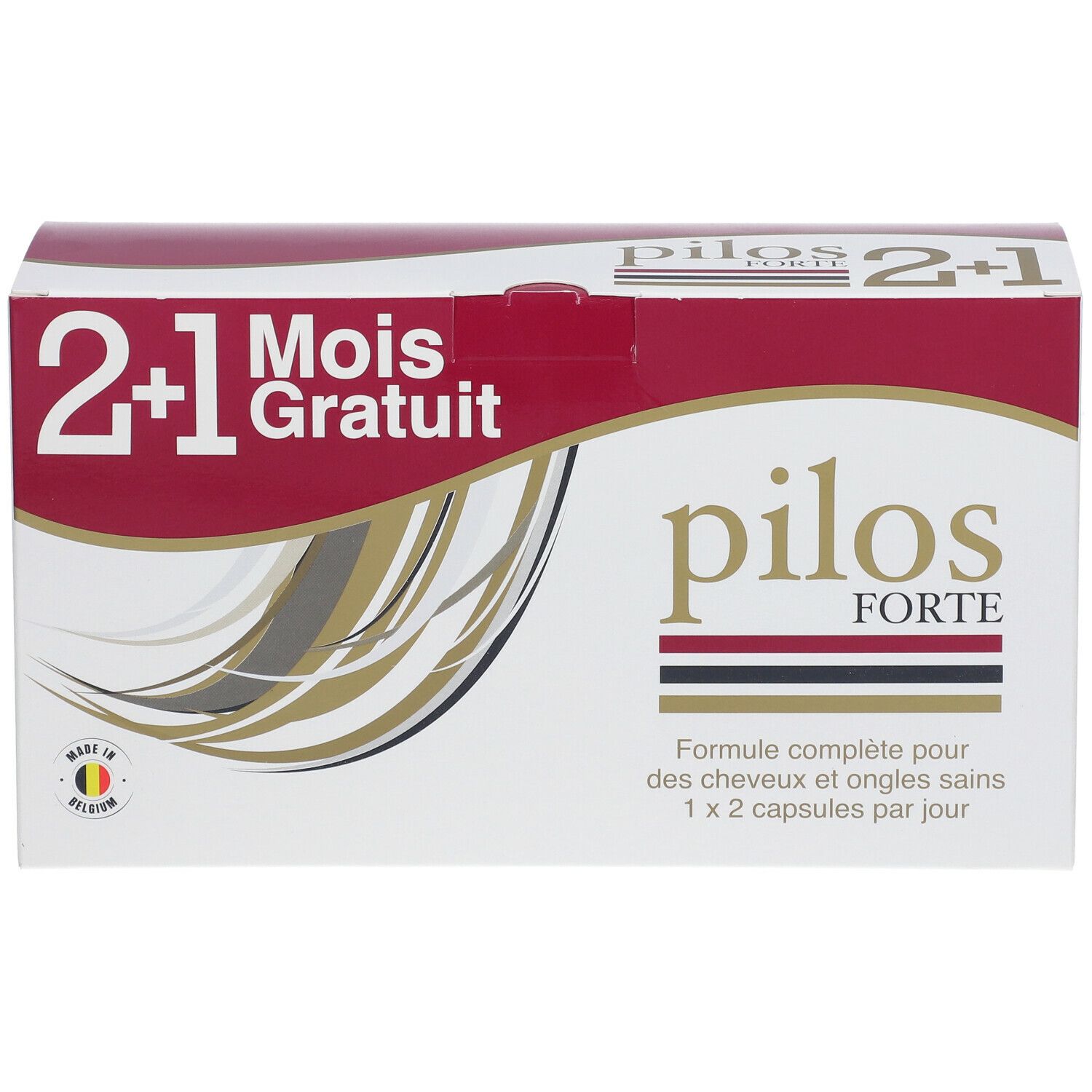 Boîte Pilos Forte. Blanc, rouge et or. Inscription : 2+1 mois gratuits. Formule pour cheveux et ongles. 1x2 gélules par jour.
