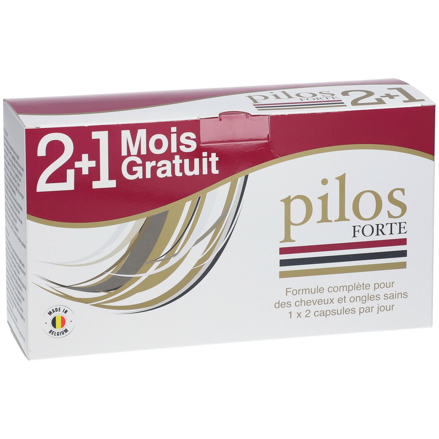 Boîte Pilos Forte. Blanc, rouge et or. Inscription : 2+1 mois gratuits. Formule pour cheveux et ongles. 1x2 gélules par jour.