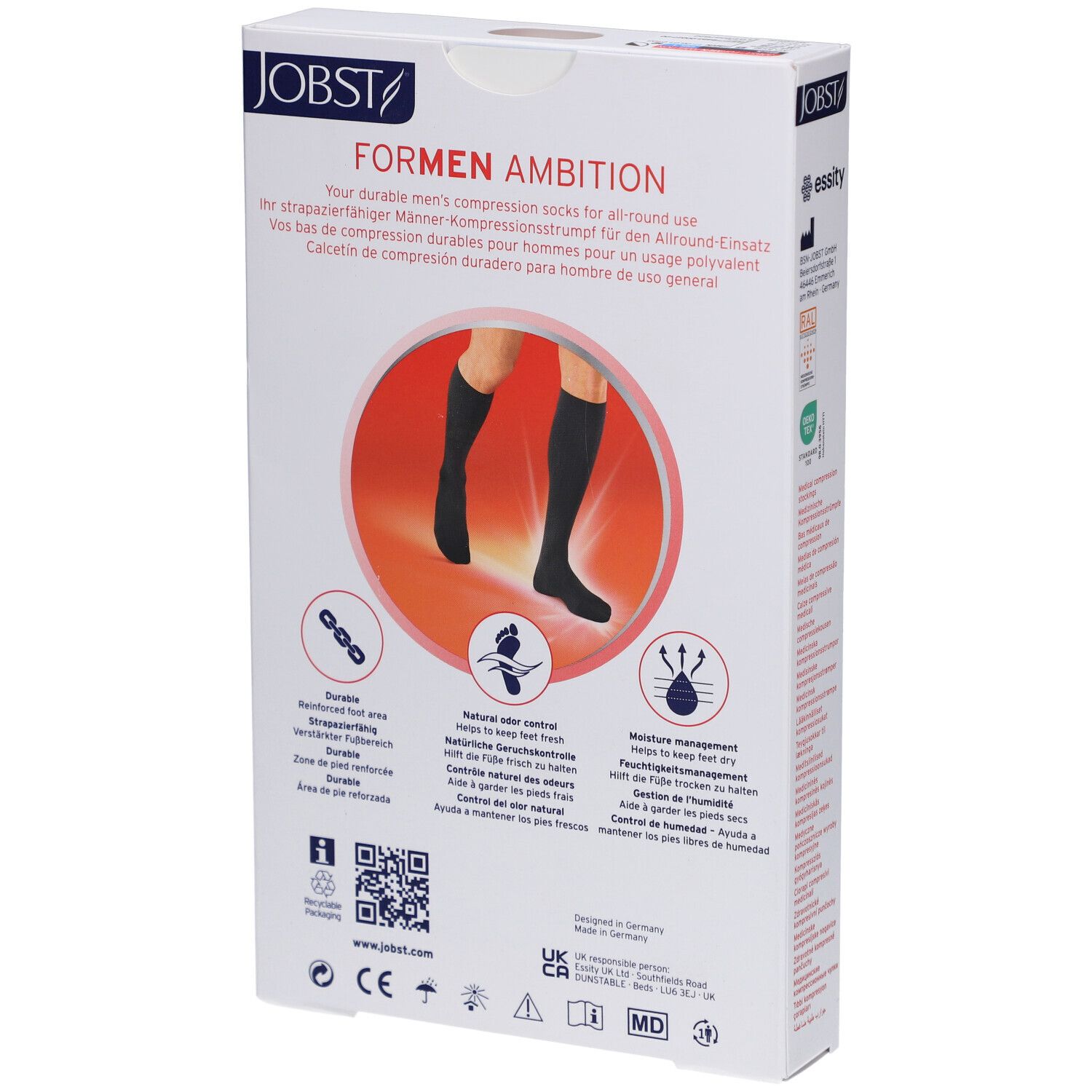 Rückseite der Verpackung JOBST For Men Ambition Kniestrümpfe. Produktinformationen, Logos und Zertifizierungen. Schwarze Kniestrümpfe abgebildet.