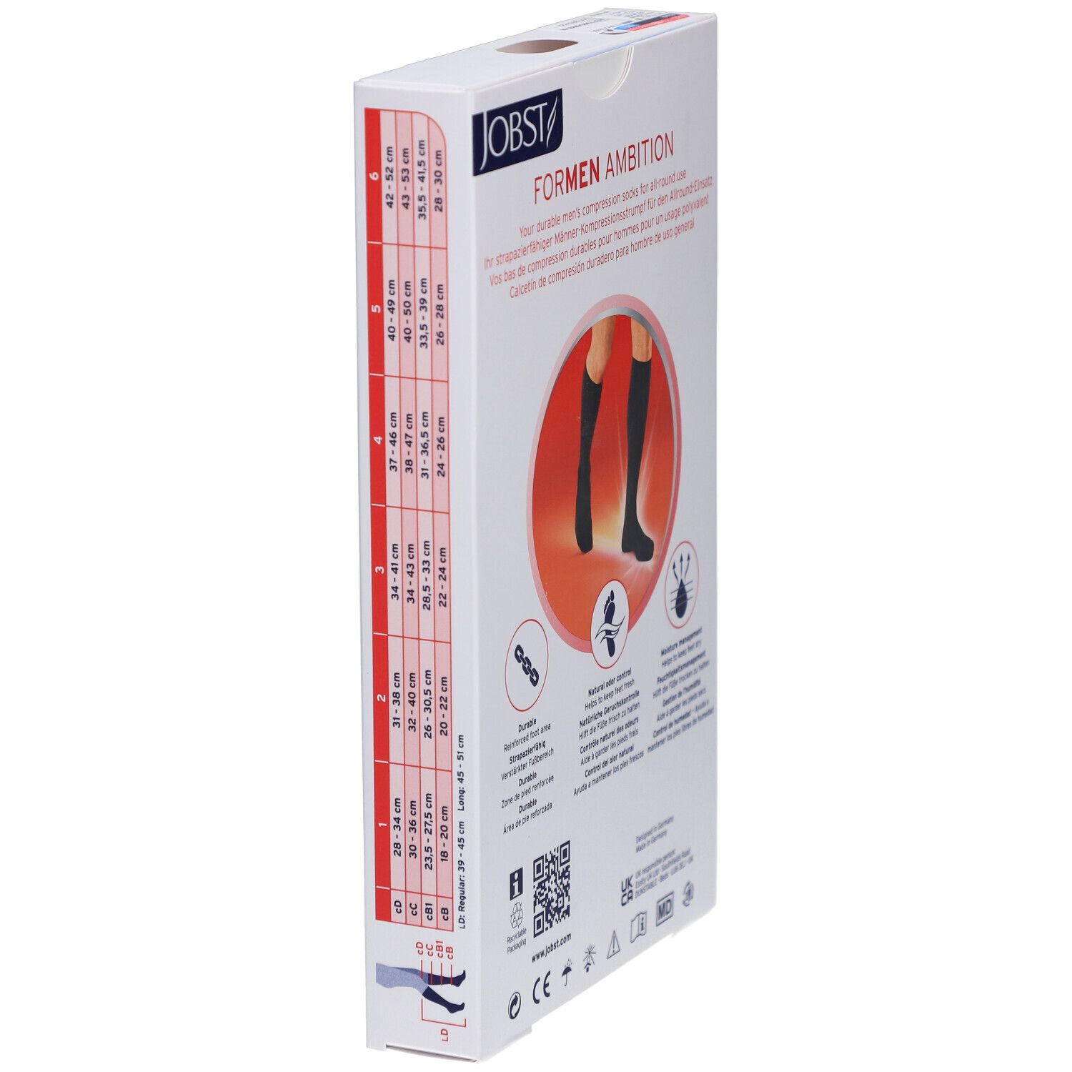 Seite der Verpackung JOBST For Men Ambition Kniestrümpfe. Größentabelle und Produktinformationen. Schwarze Kniestrümpfe abgebildet.