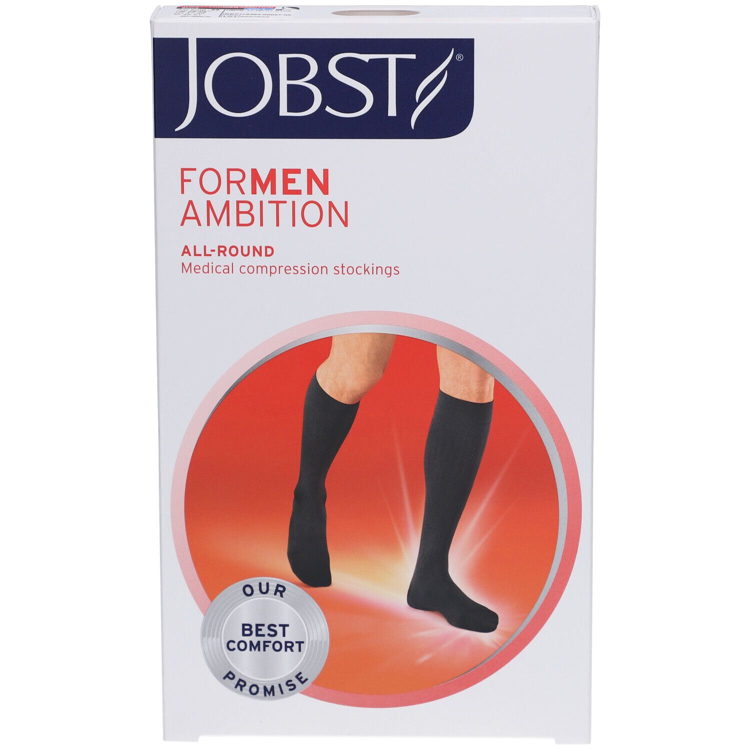 Verpackung JOBST For Men Ambition Kniestrümpfe. Schwarze Kompressionsstrümpfe, Frontansicht. Logo und Produktname.
