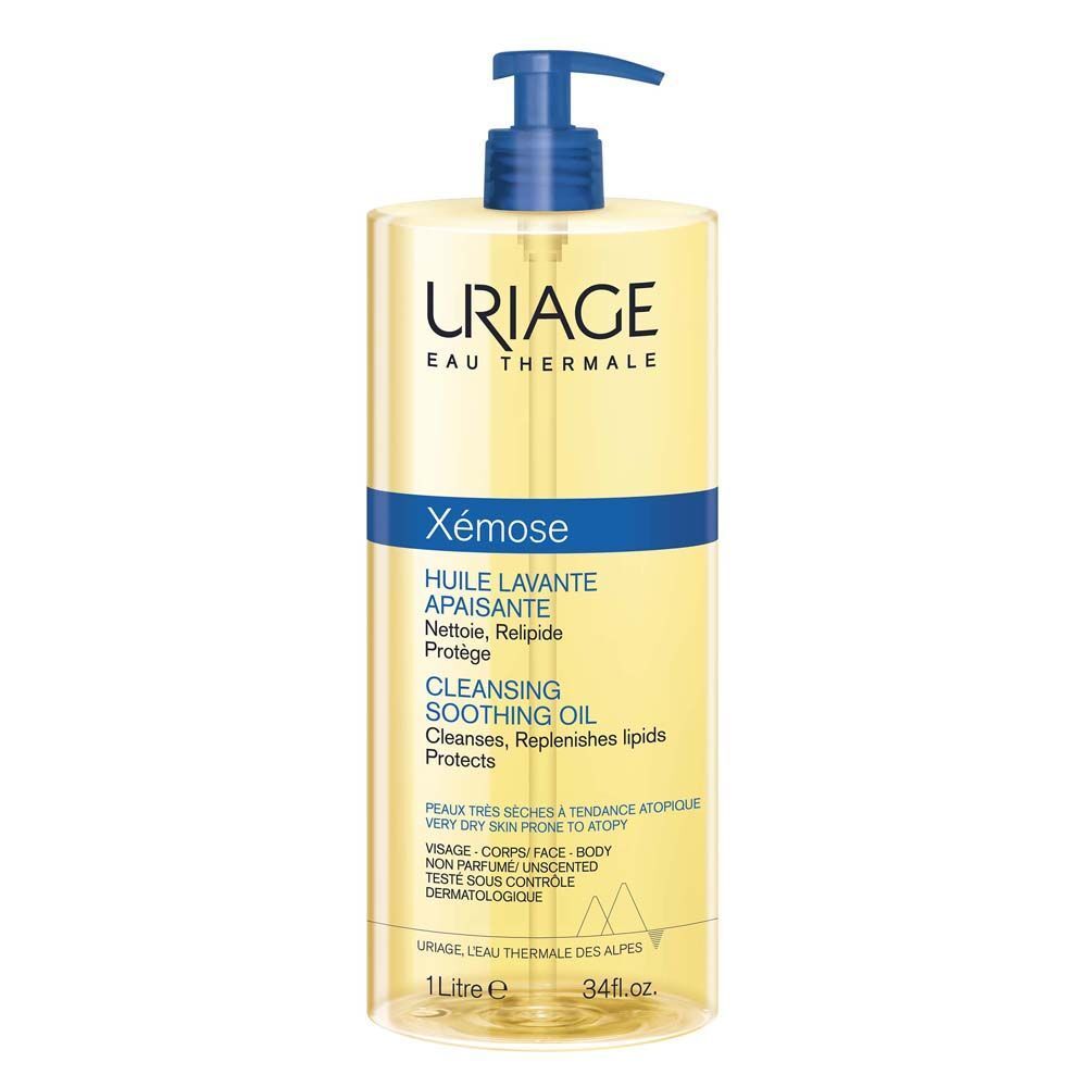 URIAGE EAU THERMALE Xémose. Huile lavante. Description en français. Bouchon pompe bleu.