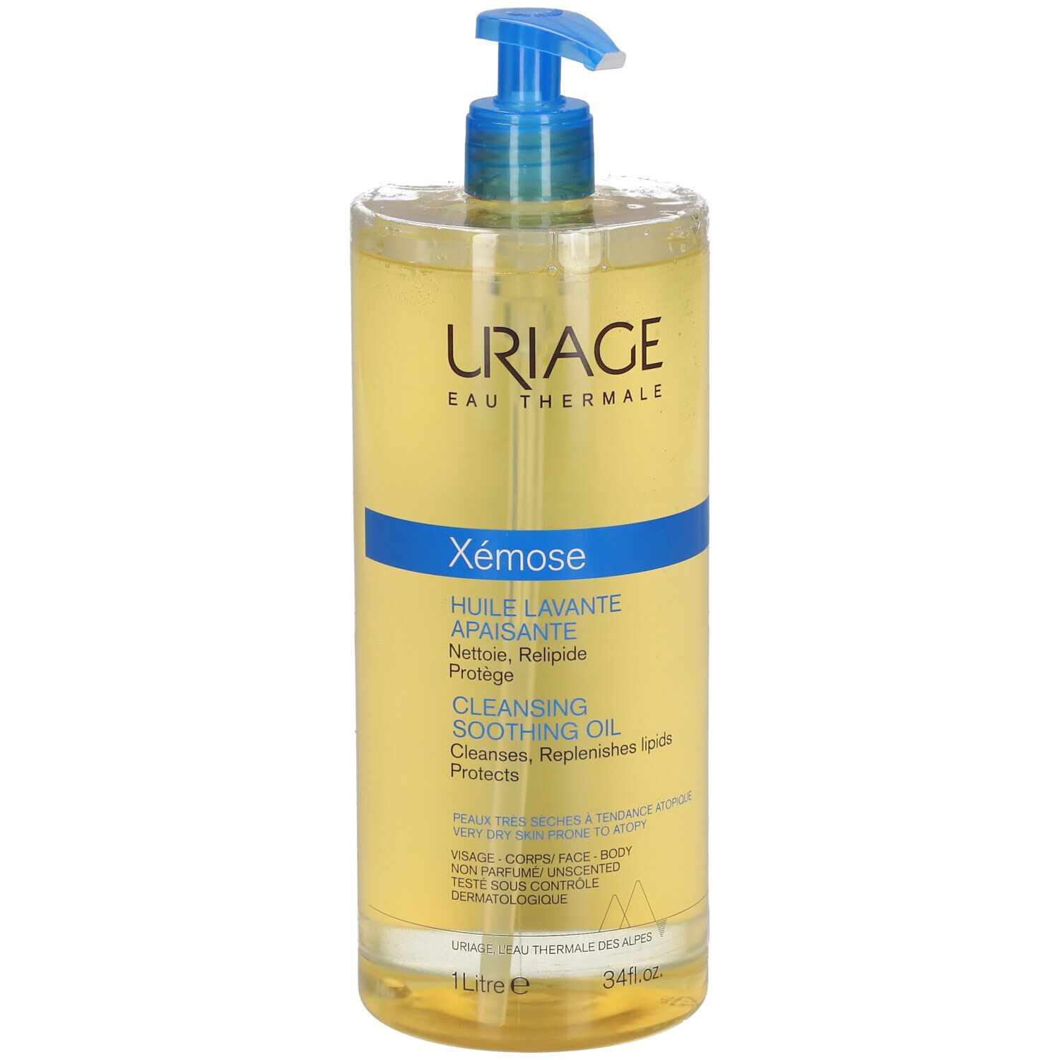 URIAGE EAU THERMALE Xémose. Huile lavante avec bouchon pompe bleu. Liquide clair dans une bouteille.