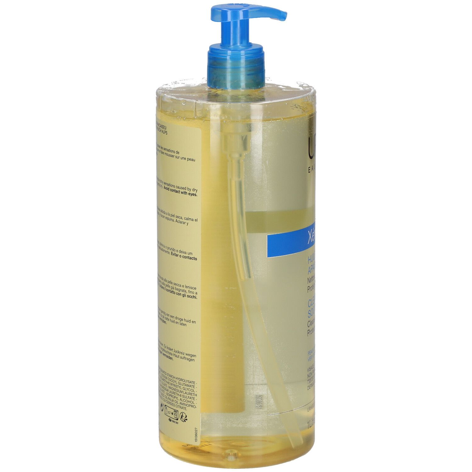 URIAGE EAU THERMALE Xémose. Huile lavante. Bouteille avec bouchon pompe bleu. Dos avec texte.