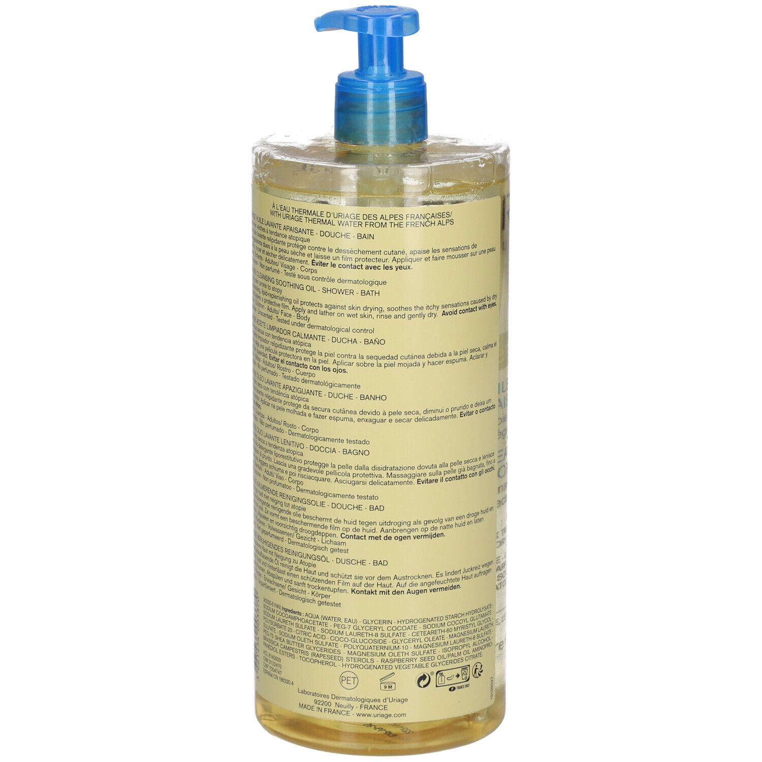URIAGE EAU THERMALE Xémose. Huile lavante. Dos de la bouteille avec texte. Bouchon pompe bleu.