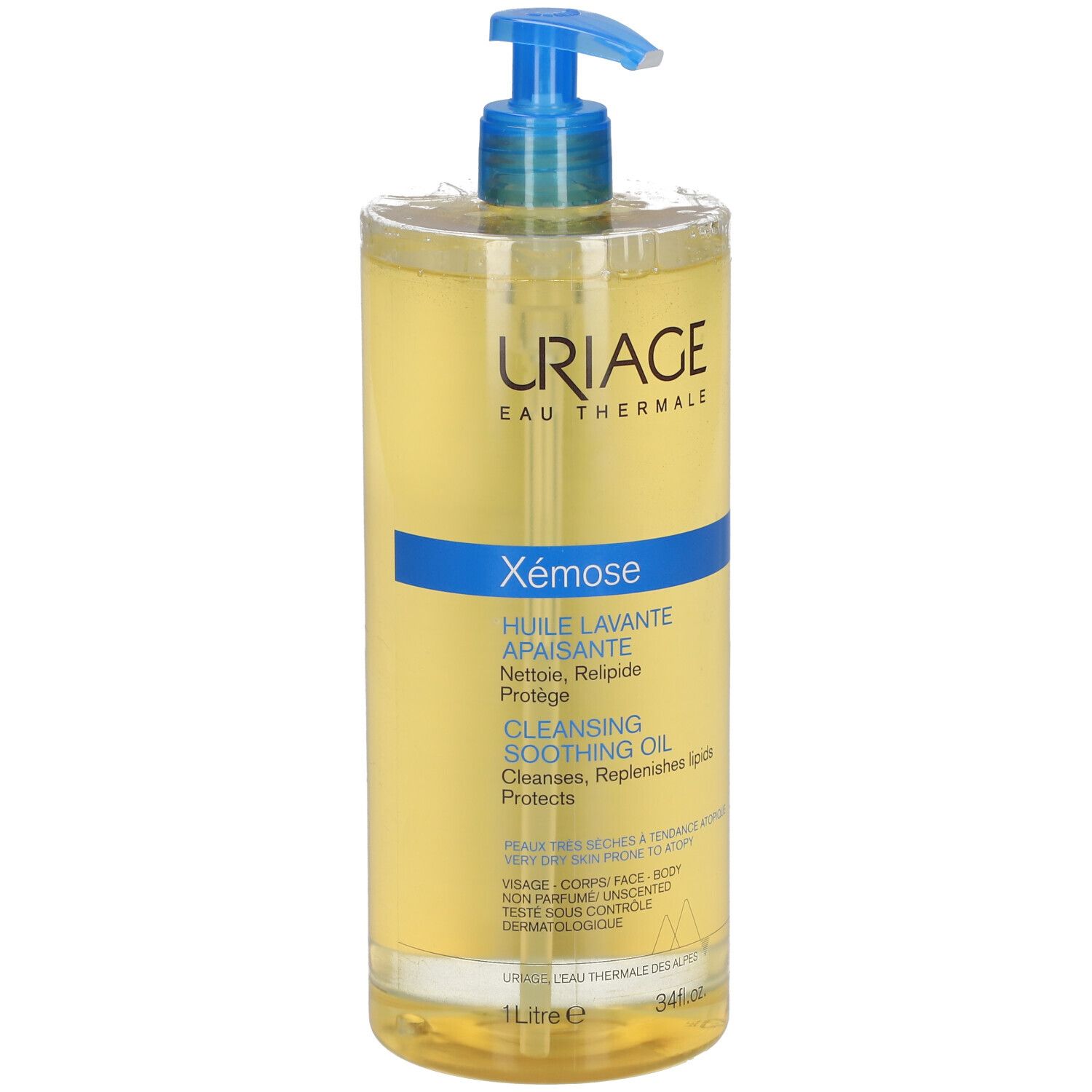 URIAGE EAU THERMALE Xémose. Huile lavante avec bouchon pompe bleu. Liquide clair dans une bouteille.