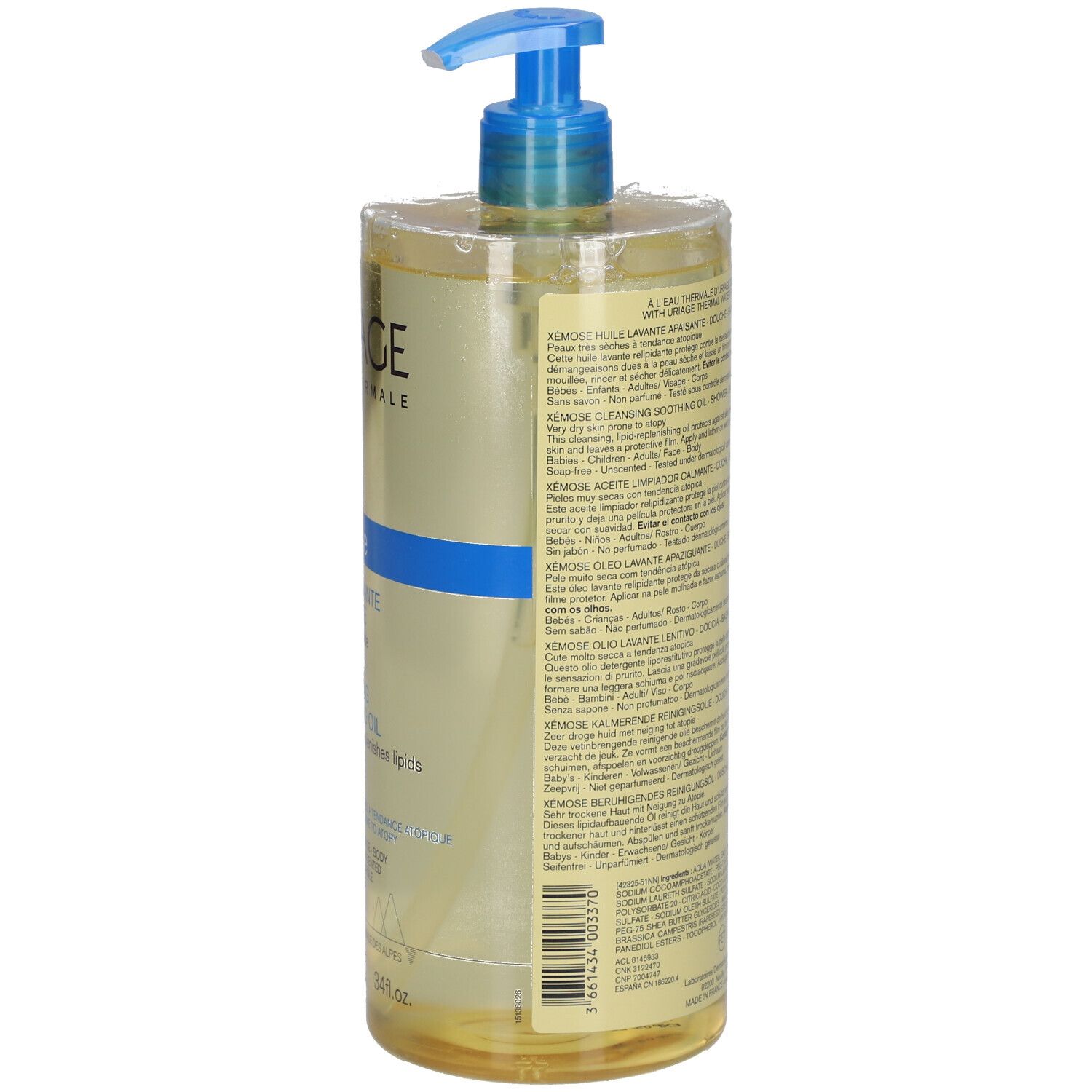URIAGE EAU THERMALE Xémose. Huile lavante. Dos de la bouteille avec texte. Bouchon pompe bleu.