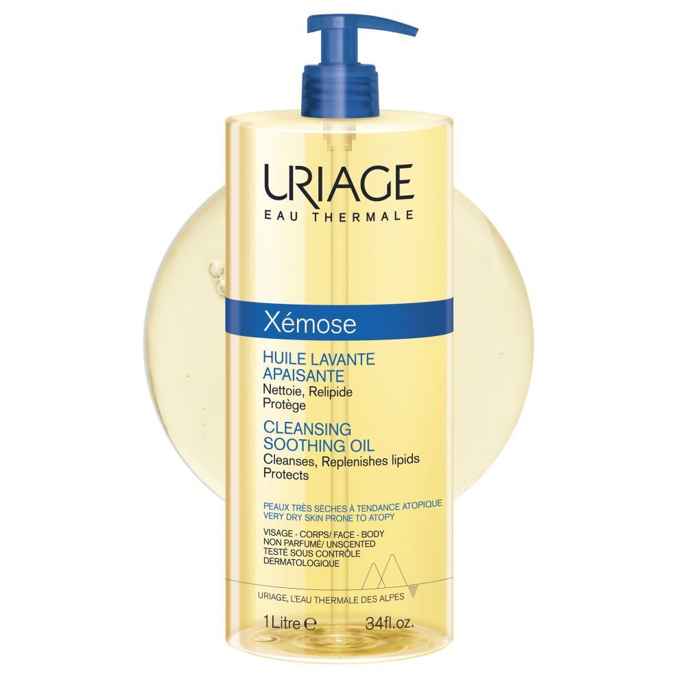 URIAGE EAU THERMALE Xémose. Huile lavante. Description en français. Bouchon pompe bleu.