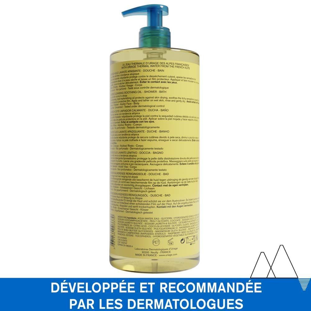 URIAGE EAU THERMALE Xémose. Huile lavante. Dos de la bouteille avec texte. Bouchon pompe bleu.