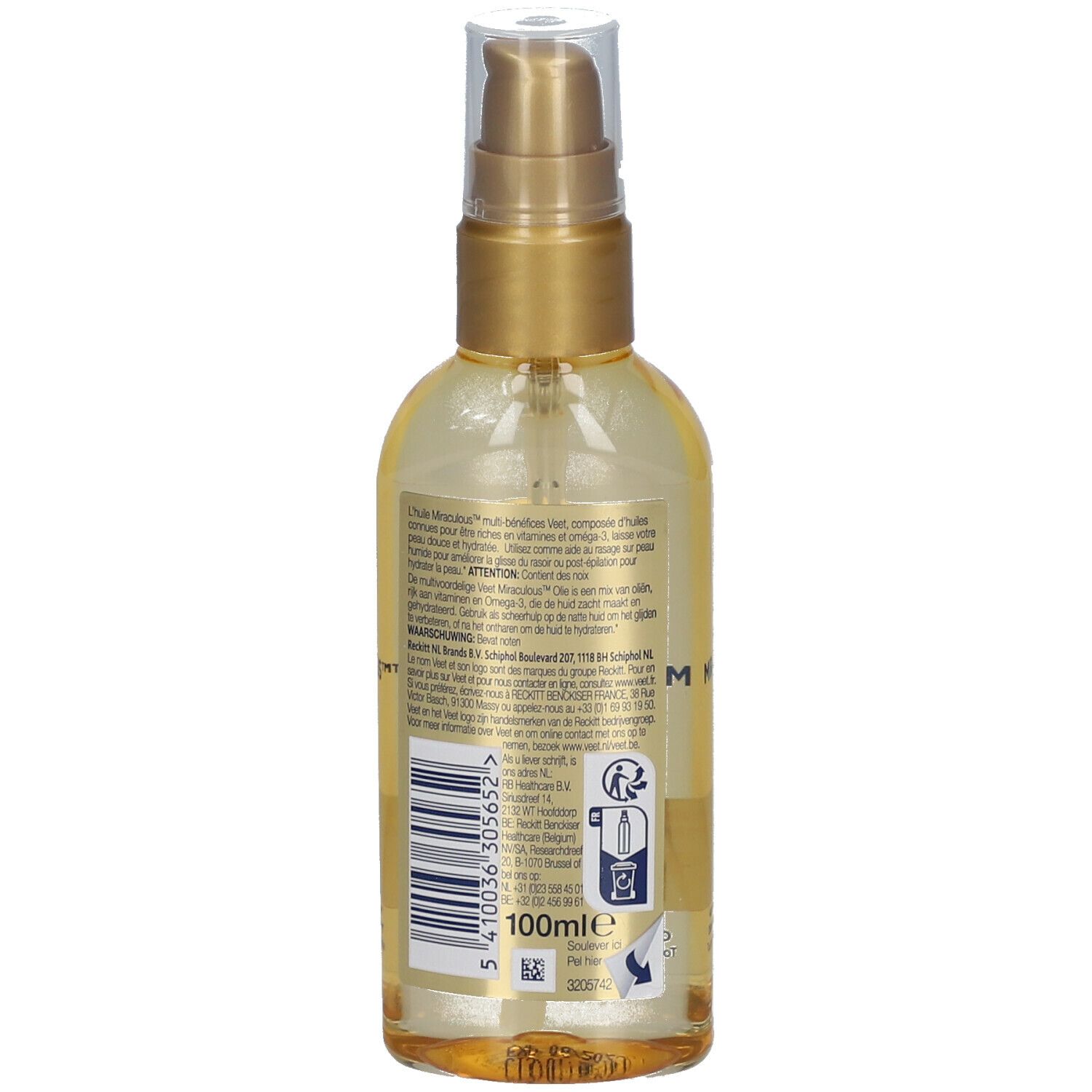 Dos du flacon d'huile. Étiquette avec texte et code-barres. 100 ml. Liquide transparent visible.