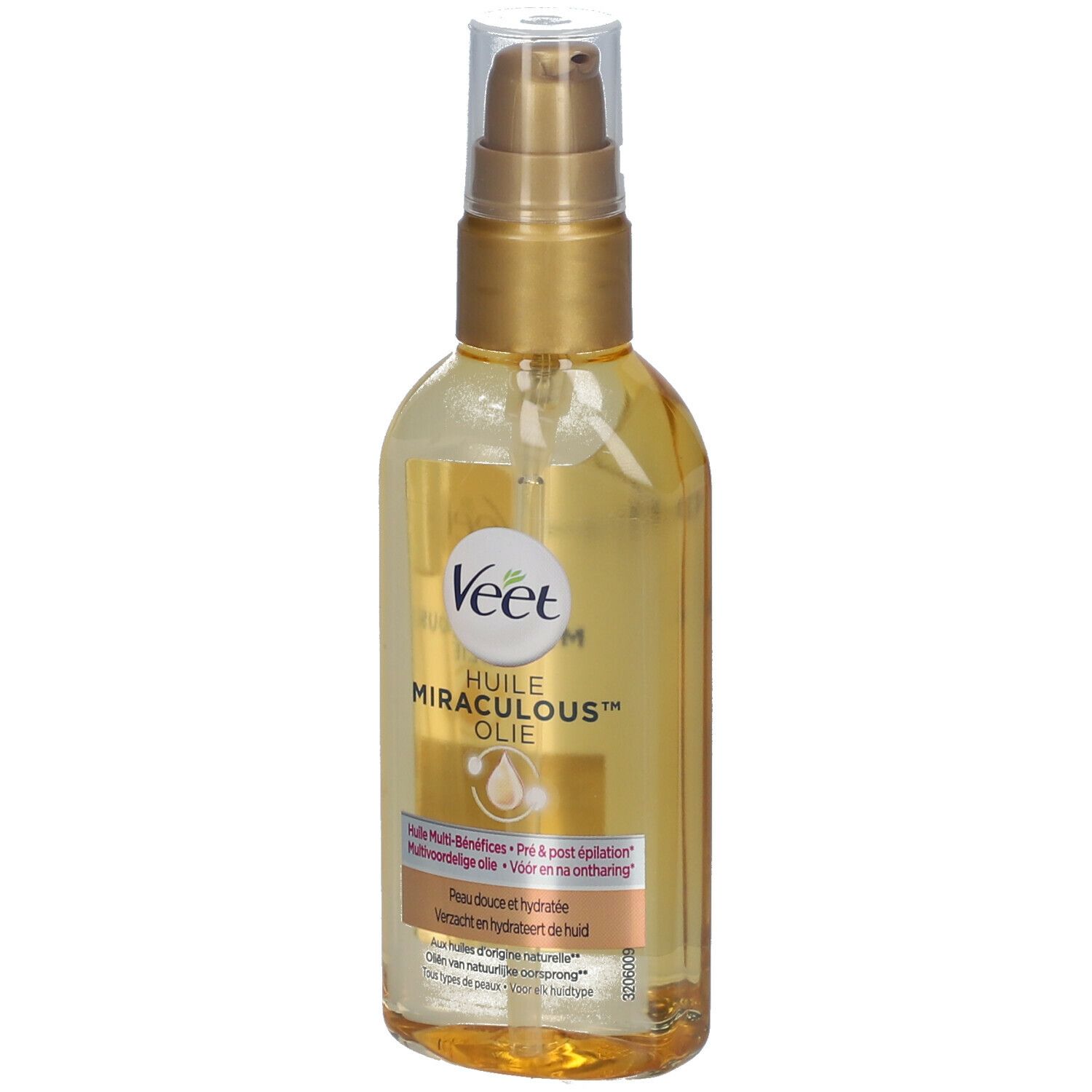 Flacon d'huile avec pompe dorée. Inscription: Veet Miraculous Oil. Multi-bénéfices. Pour une peau douce et hydratée.