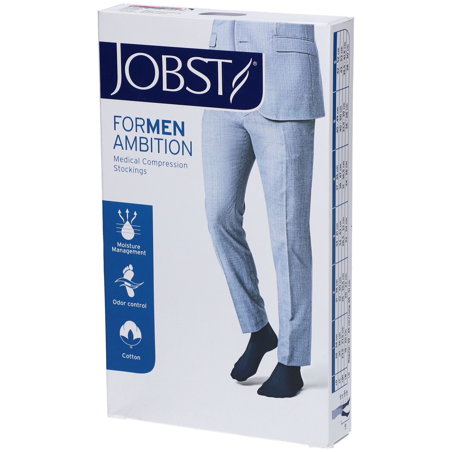 Verpackung JOBST For Men Ambition Bas Genoux Classe 2 AD Marine Large. Medizinische Kompressionsstrümpfe. Feuchtigkeitsmanagement, Geruchskontrolle, Baumwolle.