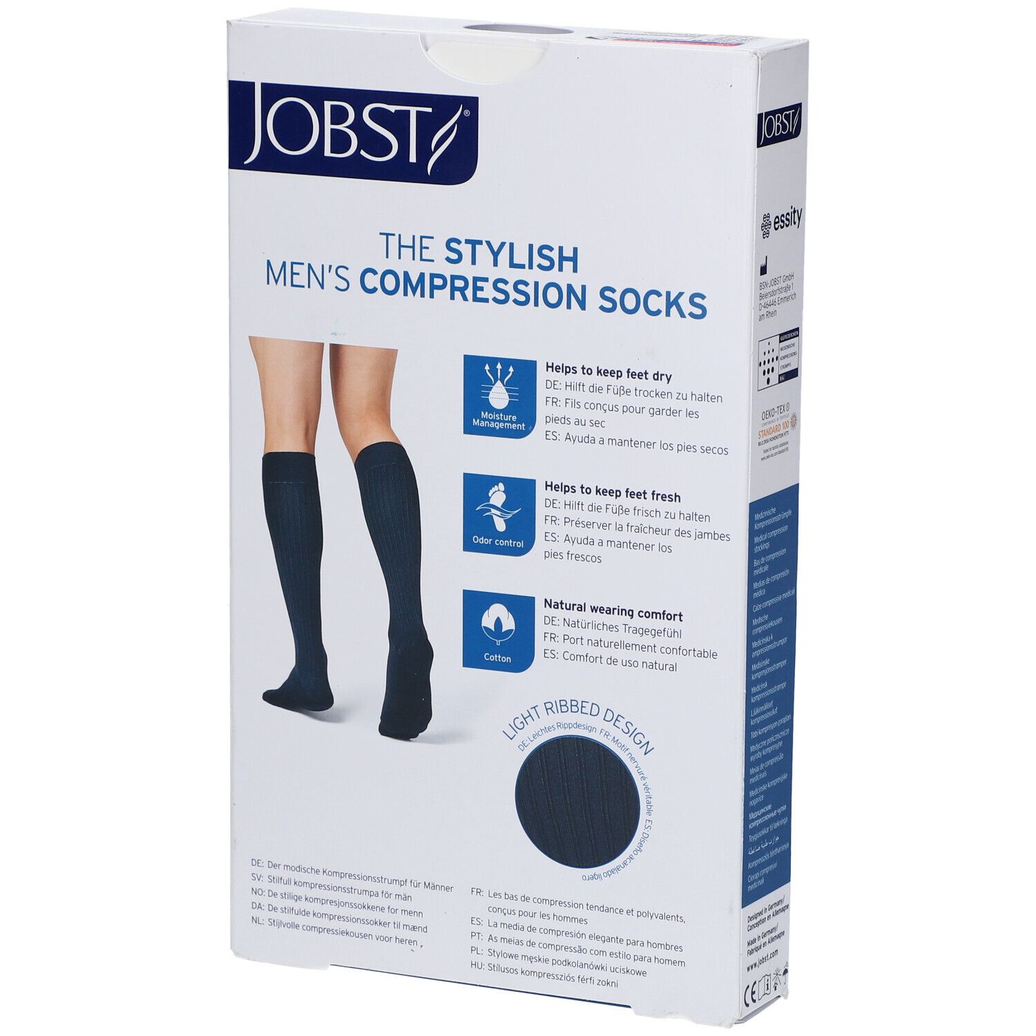 Verpackung JOBST The Stylish Men's Compression Socks. Kompressionssocken für Männer. Hilft, Füße trocken und frisch zu halten. Mit Rippdesign.