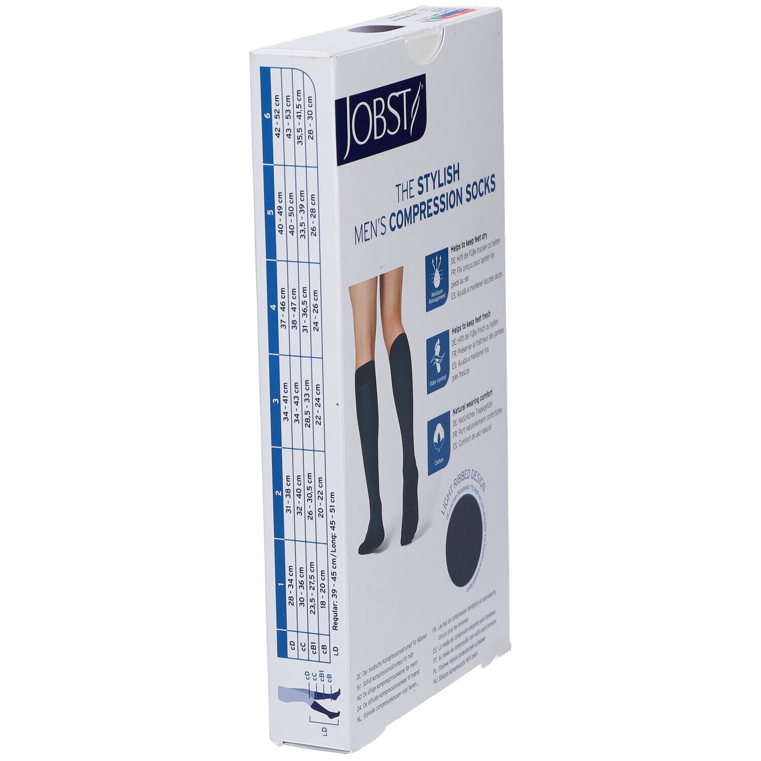 Verpackung JOBST The Stylish Men's Compression Socks. Kompressionssocken für Männer. Größentabelle. Hilft, Füße trocken und frisch zu halten.
