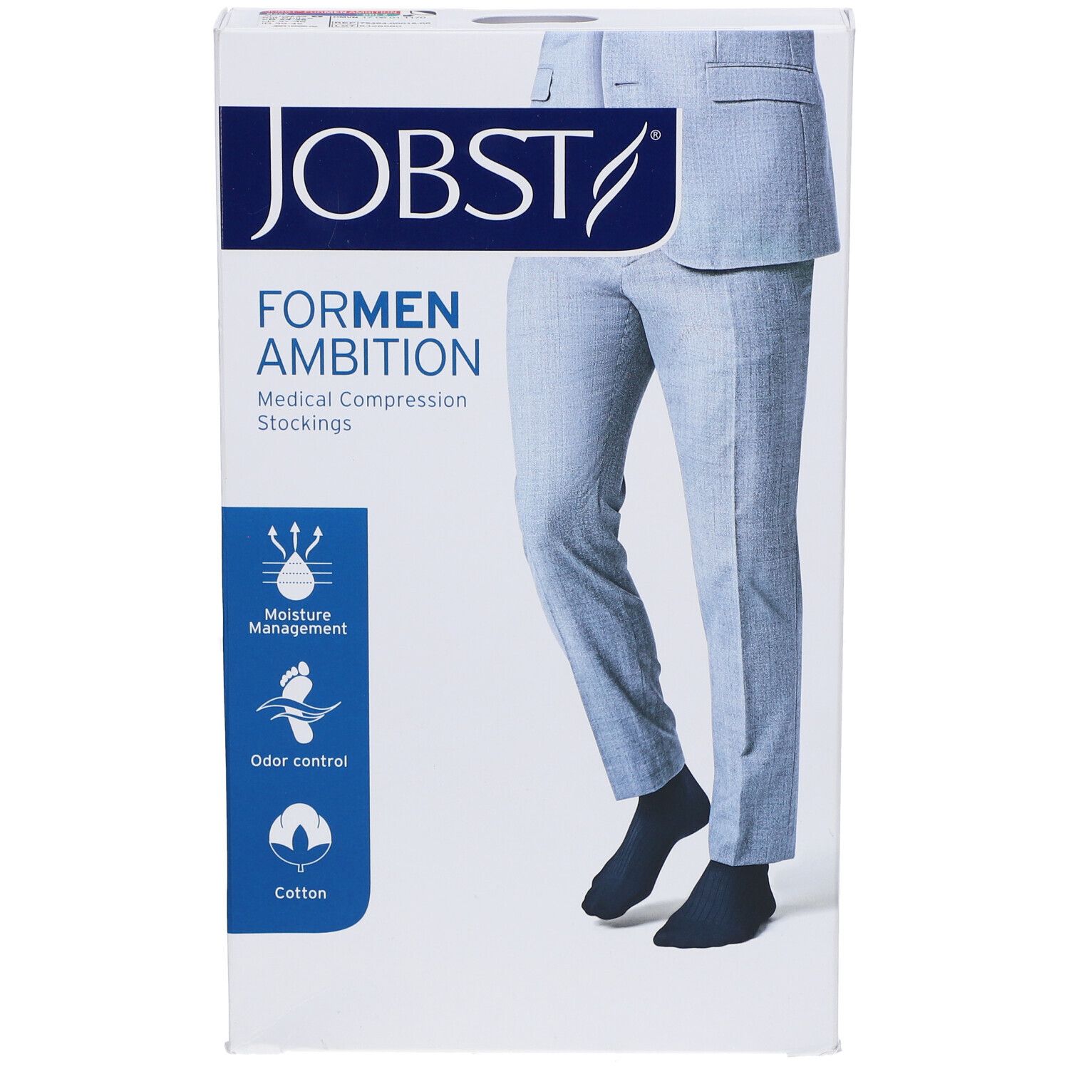 Verpackung JOBST For Men Ambition Bas Genoux Classe 2 AD Marine Large. Medizinische Kompressionsstrümpfe. Feuchtigkeitsmanagement, Geruchskontrolle, Baumwolle.