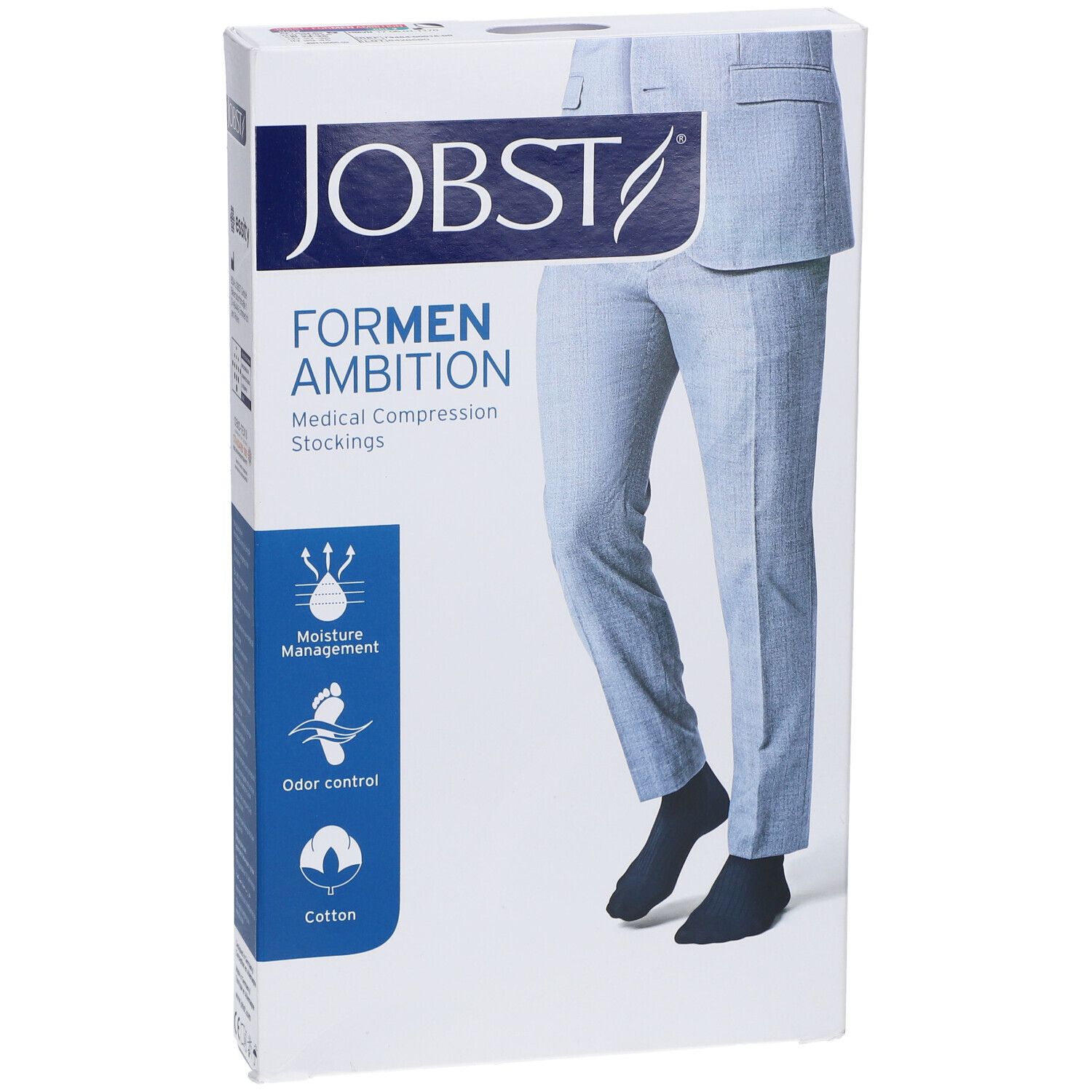 Verpackung JOBST For Men Ambition Bas Genoux Classe 2 AD Marine Large. Medizinische Kompressionsstrümpfe. Feuchtigkeitsmanagement, Geruchskontrolle, Baumwolle.