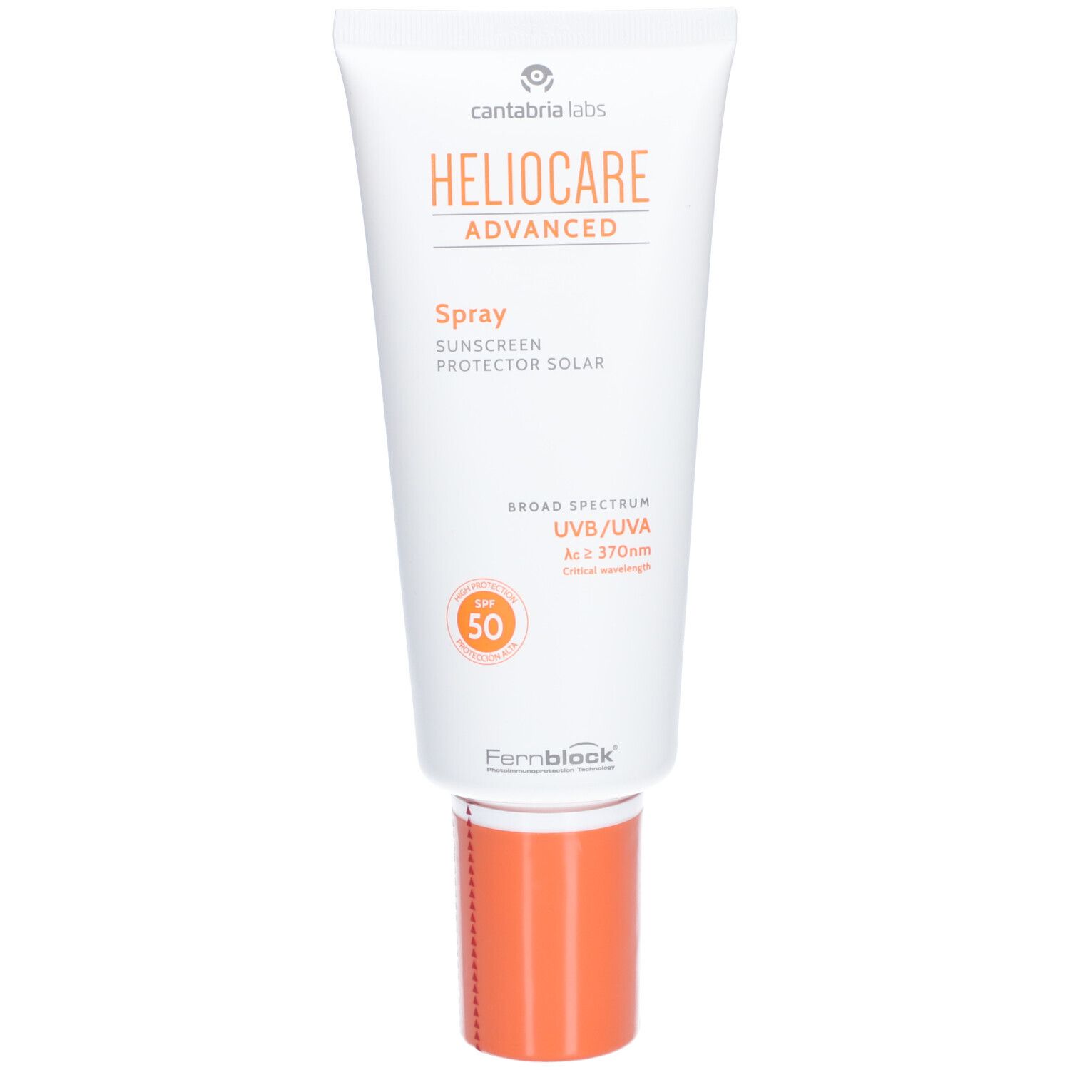 Heliocare Spray SPF50, witte tube met oranje dop. Tekst: Heliocare Advanced, Spray, zonnebrandcrème, SPF 50.
